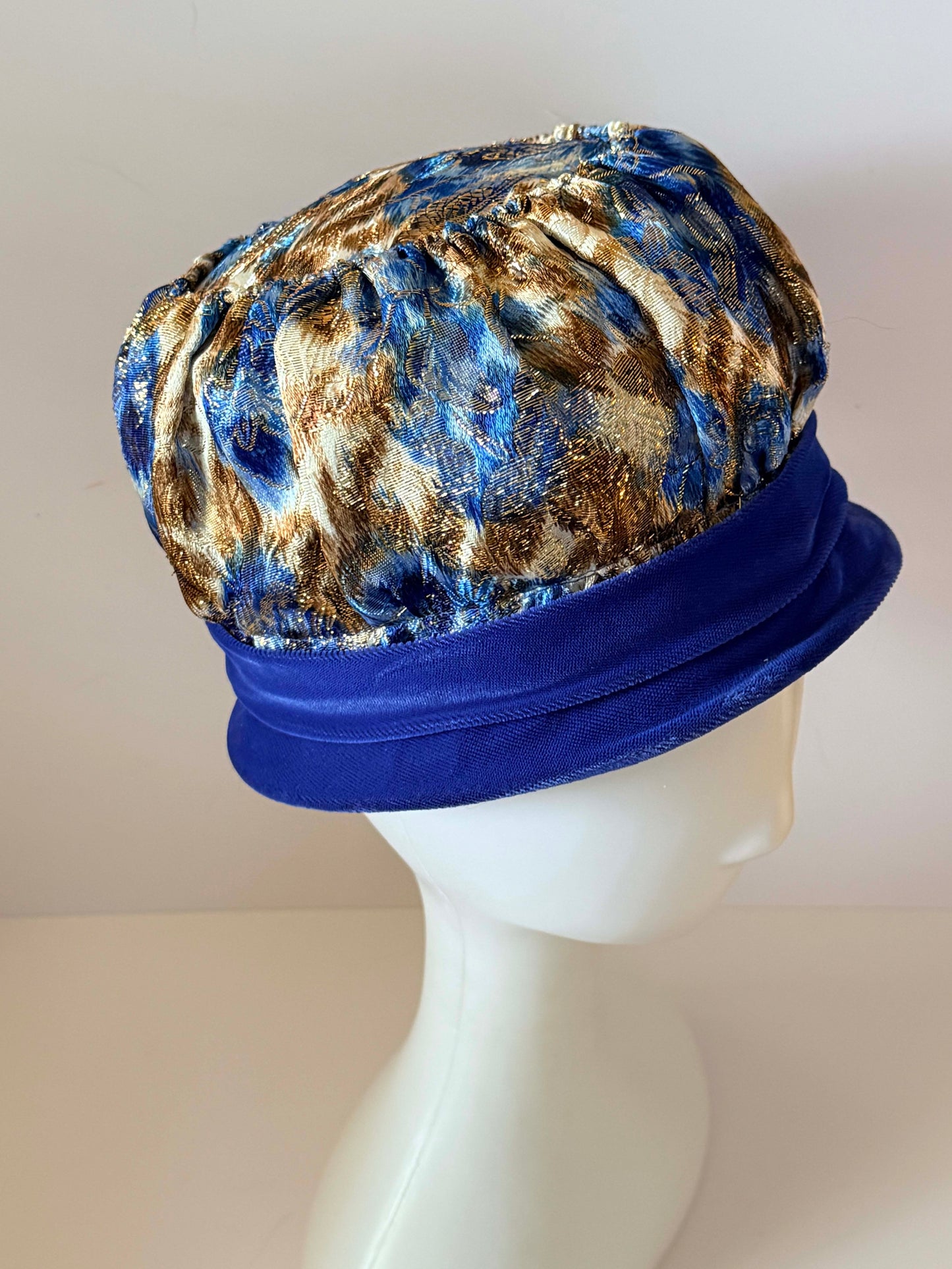 Vintage 1960s Blue & Gold Brocade Pillbox Hat | Metallic Floral Lamé Hat | Mod Cocktail Hat | Evening Occasion Hat | Royal Blue Millinery