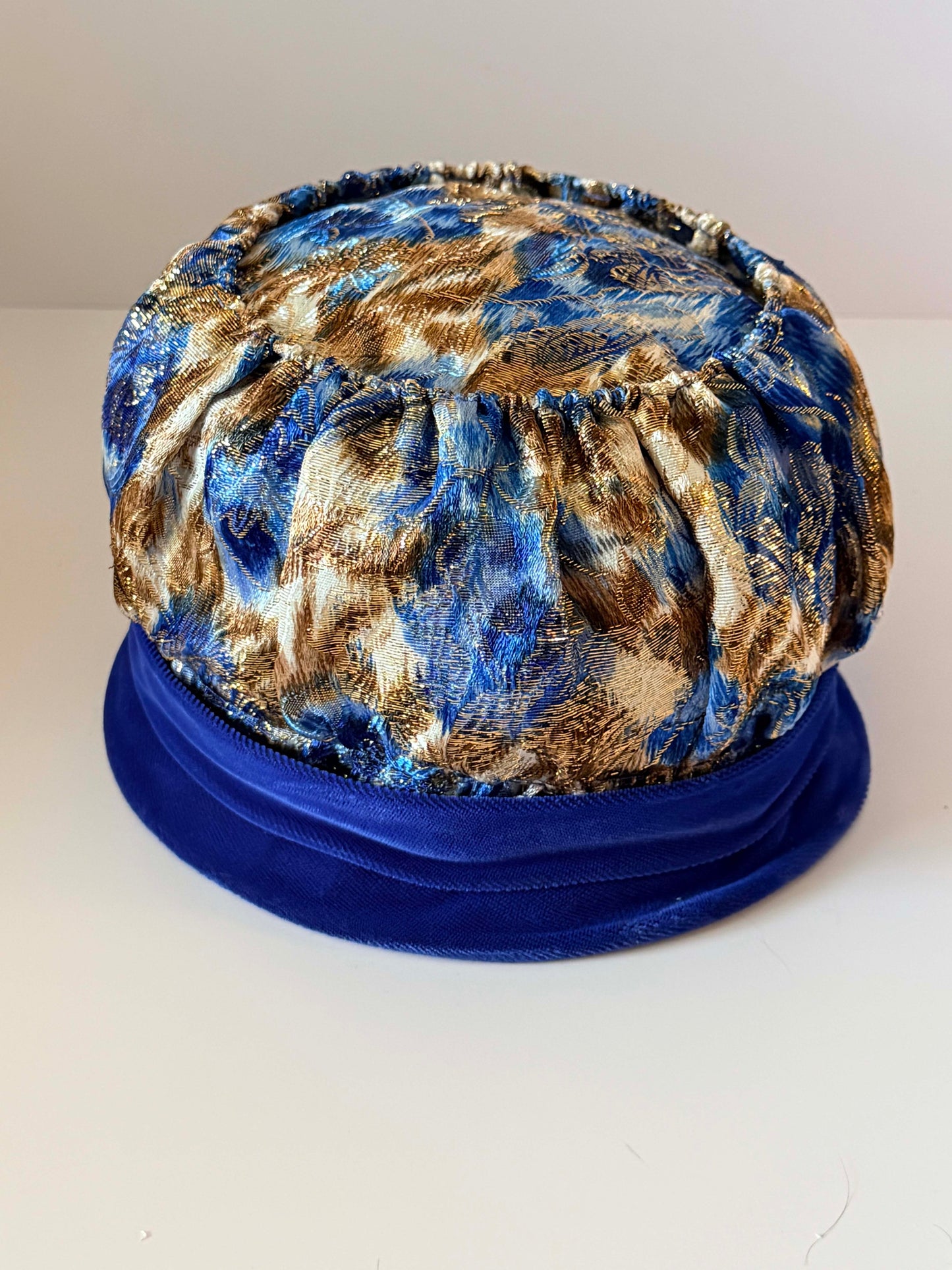 Vintage 1960s Blue & Gold Brocade Pillbox Hat | Metallic Floral Lamé Hat | Mod Cocktail Hat | Evening Occasion Hat | Royal Blue Millinery