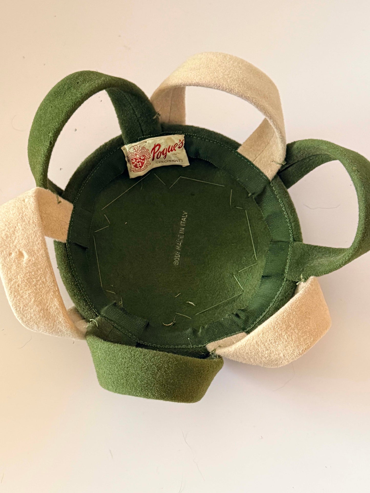 Vintage Royue's Cincinnati Sculptural Felt Hat | Green &amp; Ivory Wool Cocktail Hat | Avant Garde Loop Hat | Mid Century Modern Millinery | 1950s 1960s Statement Hat
