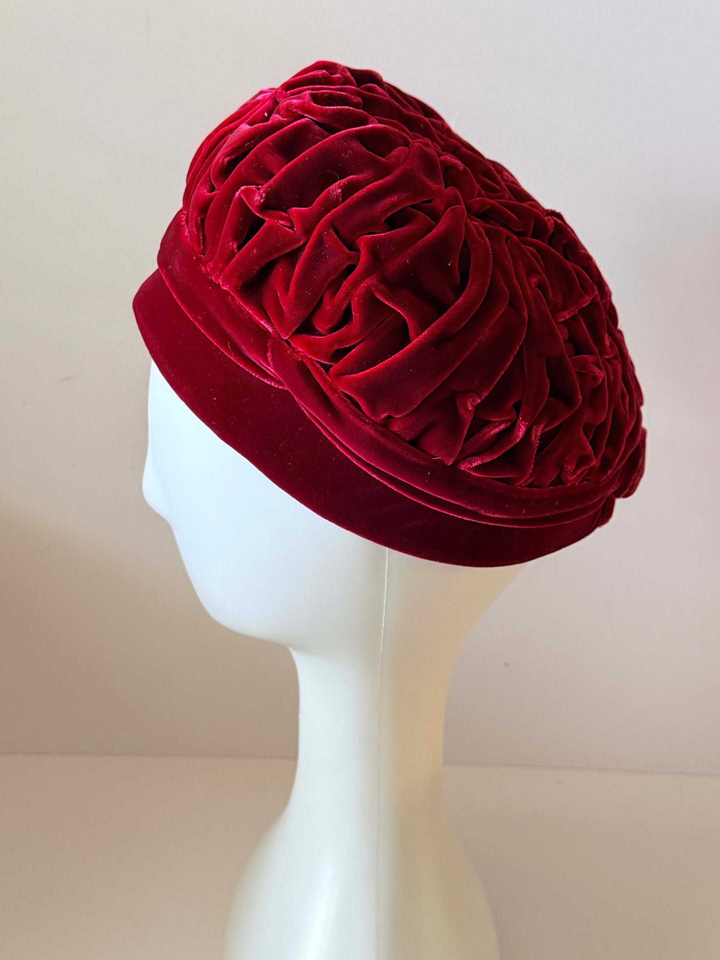 Vintage Red Velvet Rosette Hat | 1950s Sculptural Velvet Cocktail Hat | Ruby Red Floral Millinery | Holiday Party Hat | Statement Vintage Fascinator