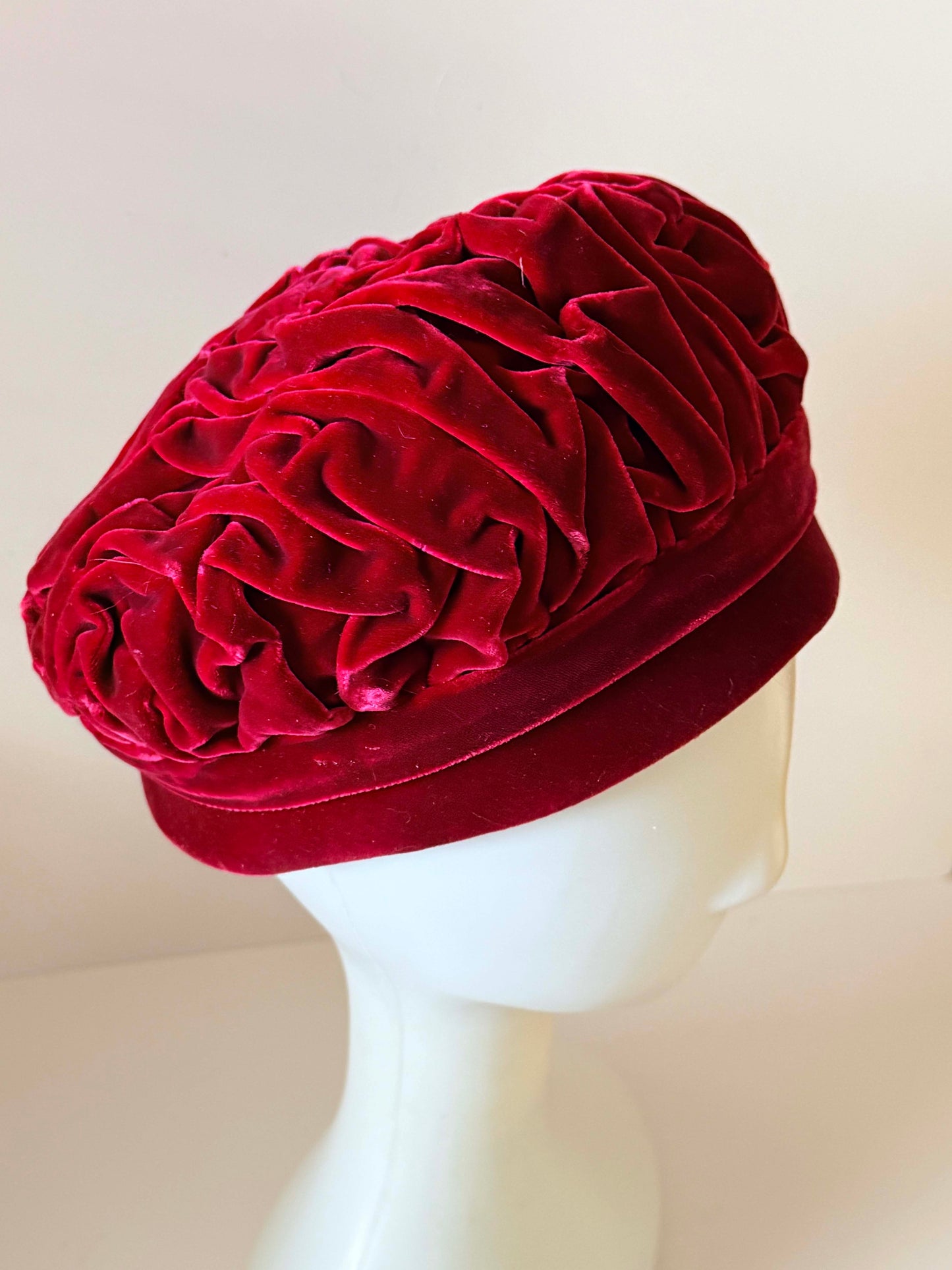 Vintage Red Velvet Rosette Hat | 1950s Sculptural Velvet Cocktail Hat | Ruby Red Floral Millinery | Holiday Party Hat | Statement Vintage Fascinator