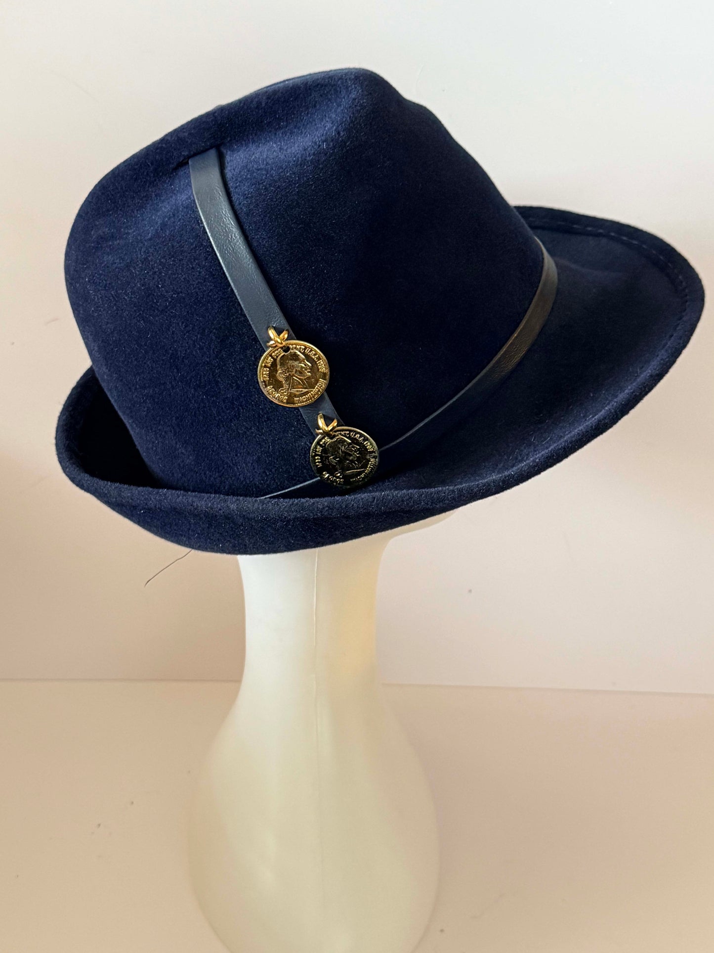 Vintage Mr. John Classic Navy Blue Wool Fedora Hat, Designer Felt Fedora, Equestrian Style Hat, 1980s 1990s Millinery
