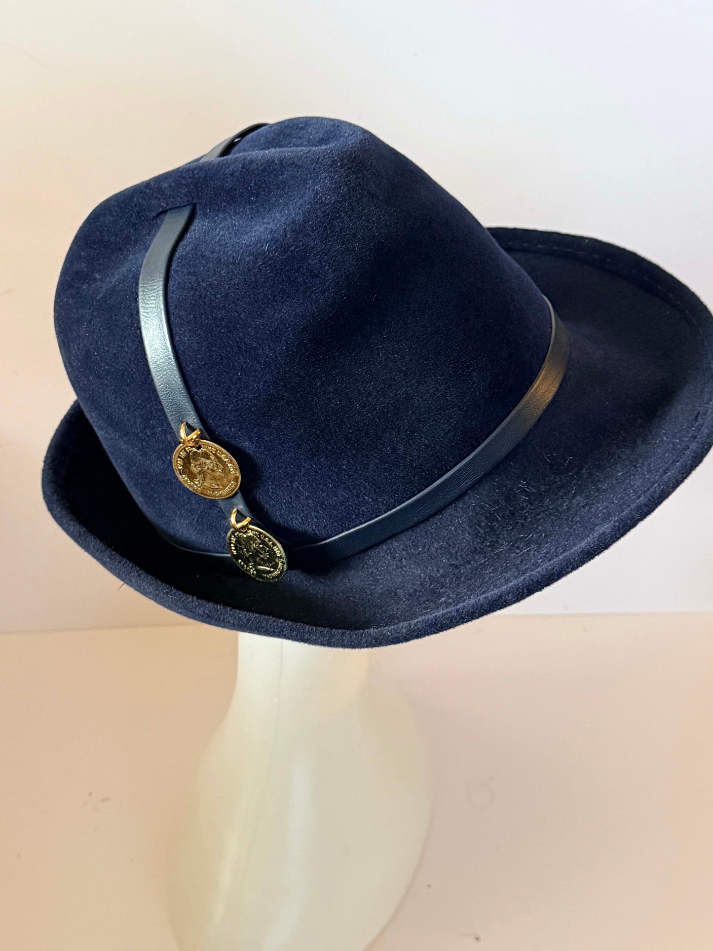 Vintage Mr. John Classic Navy Blue Wool Fedora Hat, Designer Felt Fedora, Equestrian Style Hat, 1980s 1990s Millinery