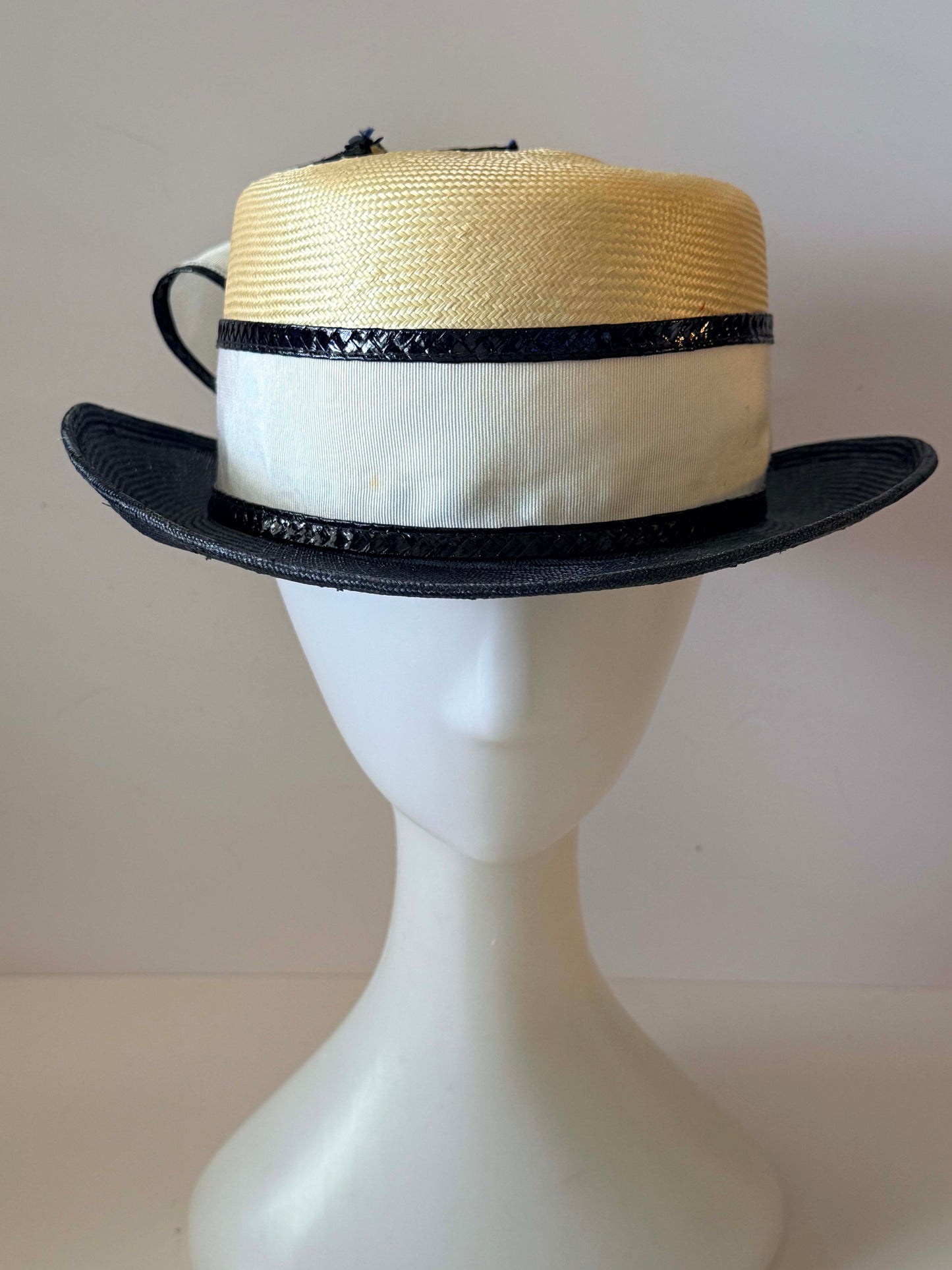 Vintage Adolfo II Paris Straw Boater Hat | Black & Ivory Ribbon Statement Hat | Designer Wide Brim Summer Millinery