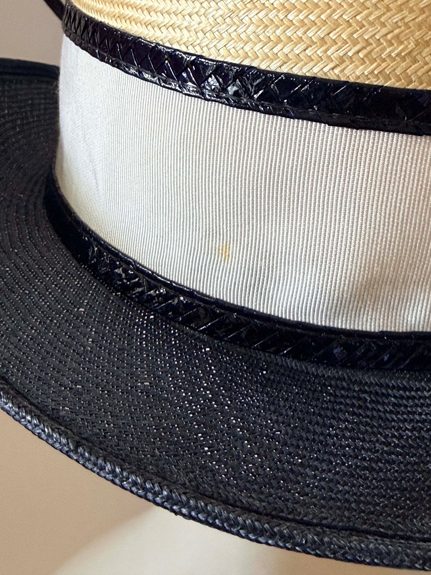 Vintage Adolfo II Paris Straw Boater Hat | Black & Ivory Ribbon Statement Hat | Designer Wide Brim Summer Millinery
