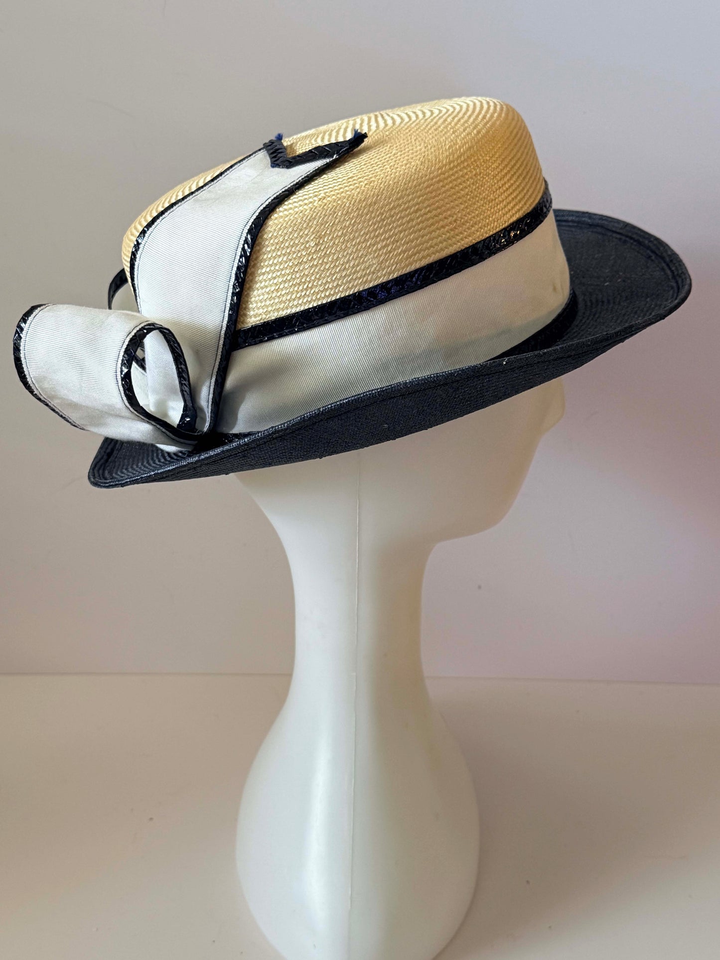Vintage Adolfo II Paris Straw Boater Hat | Black & Ivory Ribbon Statement Hat | Designer Wide Brim Summer Millinery
