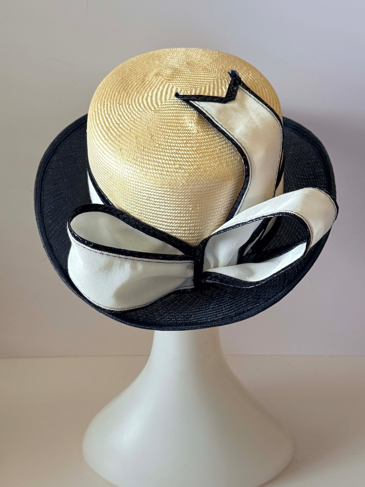 Vintage Adolfo II Paris Straw Boater Hat | Black & Ivory Ribbon Statement Hat | Designer Wide Brim Summer Millinery