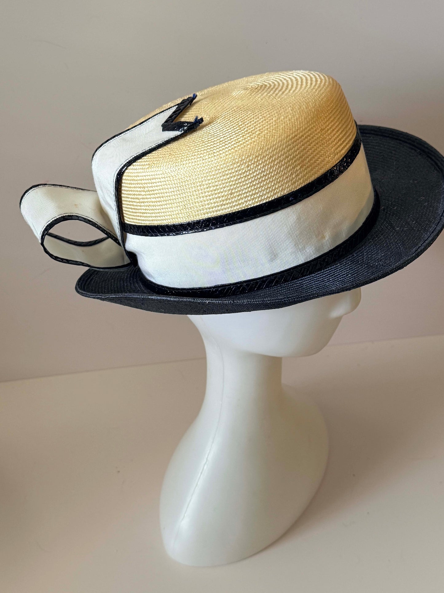 Vintage Adolfo II Paris Straw Boater Hat | Black & Ivory Ribbon Statement Hat | Designer Wide Brim Summer Millinery