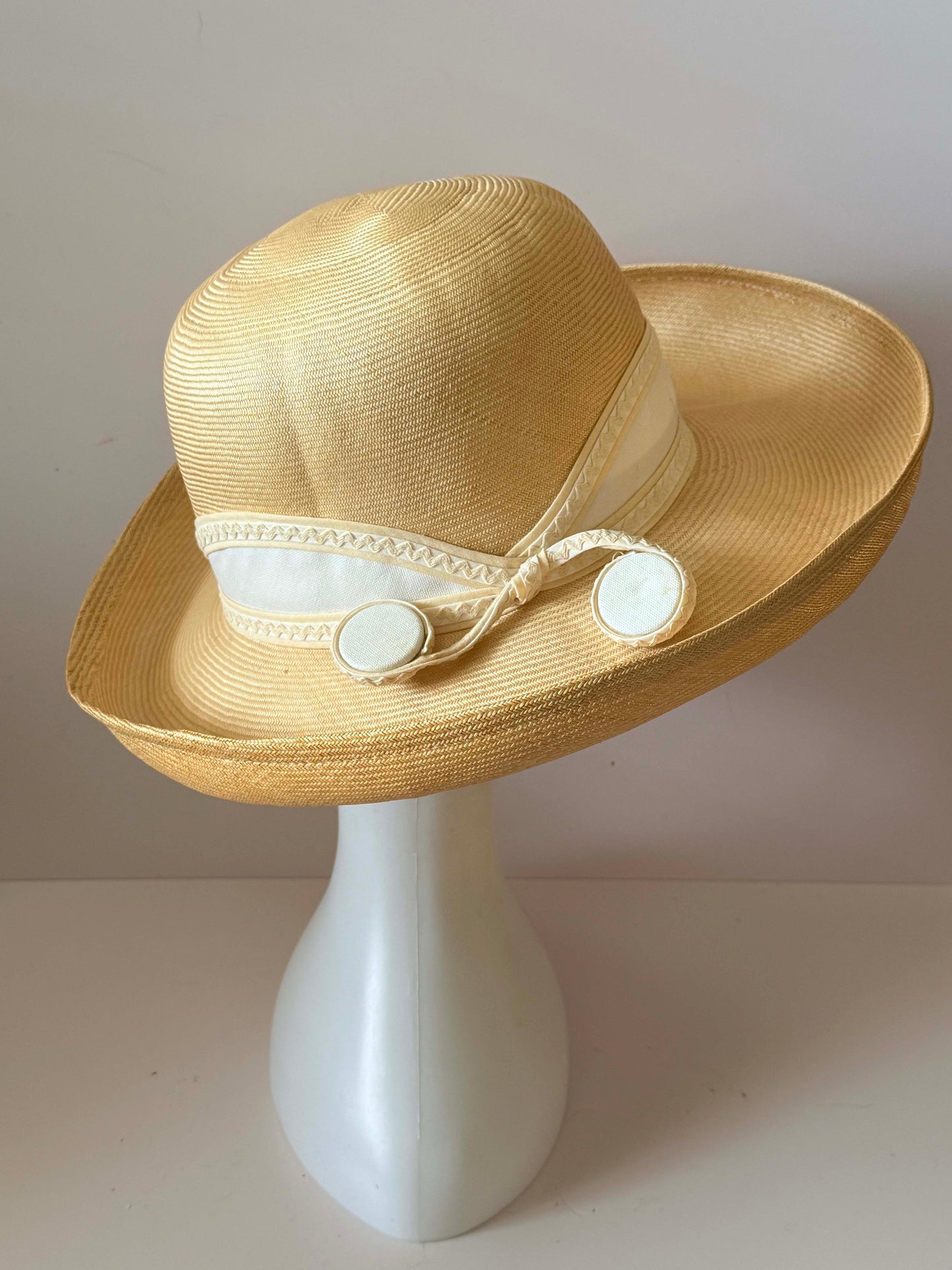 Vintage 1980s Mr John Classic Wide Brim Straw Hat | Ivory Cream Occasion Hat | Kentucky Derby Garden Party Wedding Hat