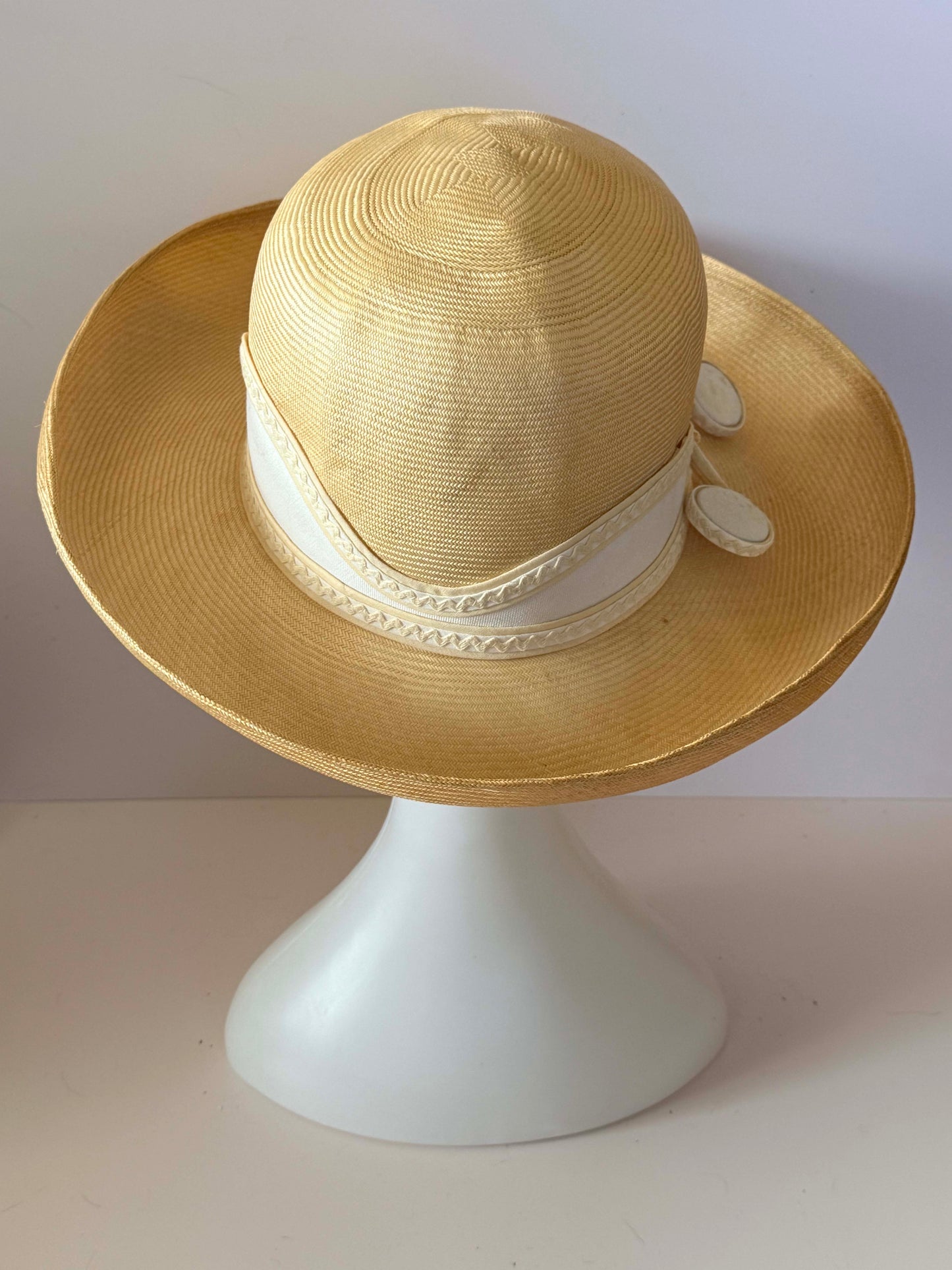 Vintage 1980s Mr John Classic Wide Brim Straw Hat | Ivory Cream Occasion Hat | Kentucky Derby Garden Party Wedding Hat