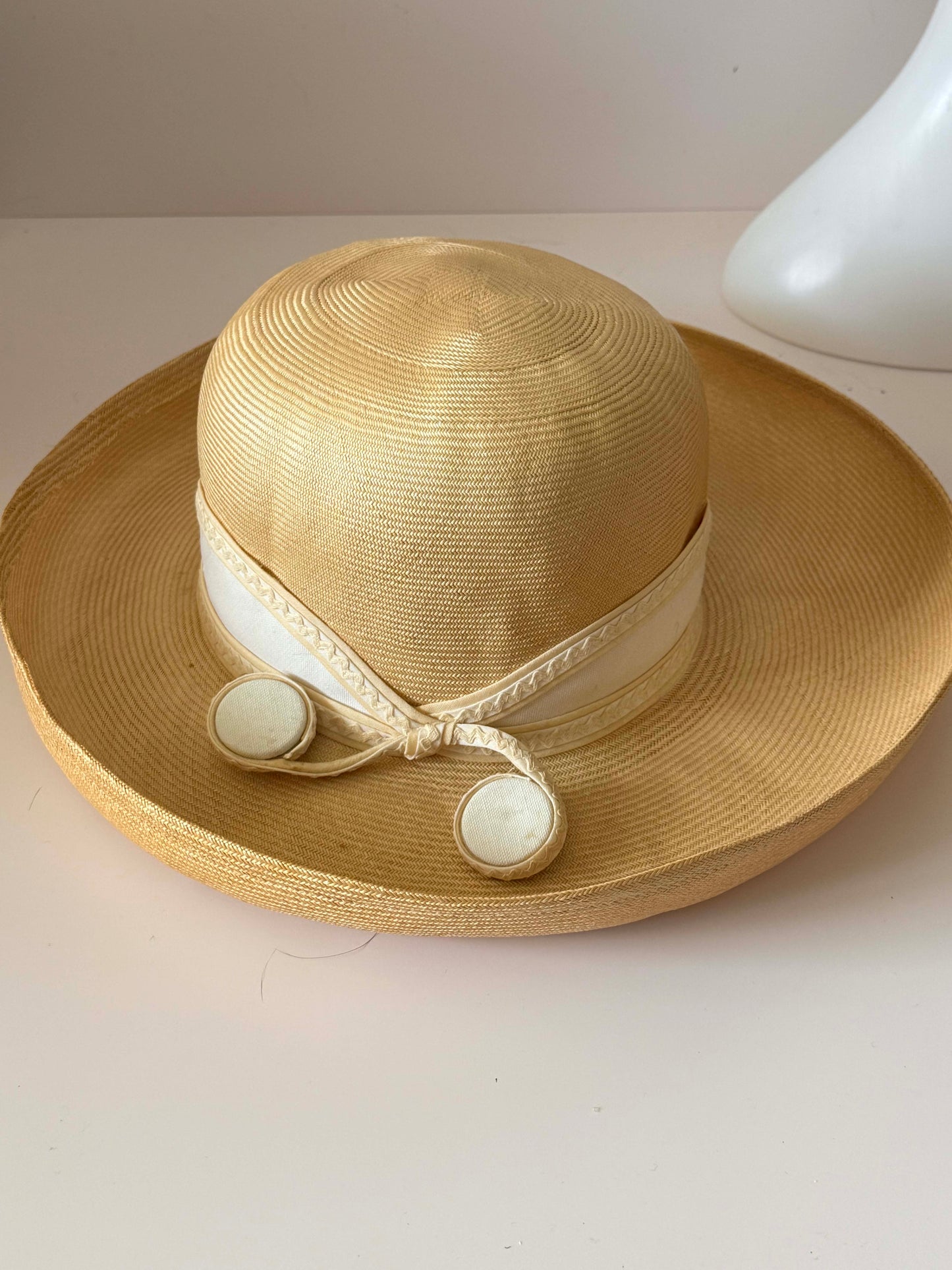 Vintage 1980s Mr John Classic Wide Brim Straw Hat | Ivory Cream Occasion Hat | Kentucky Derby Garden Party Wedding Hat