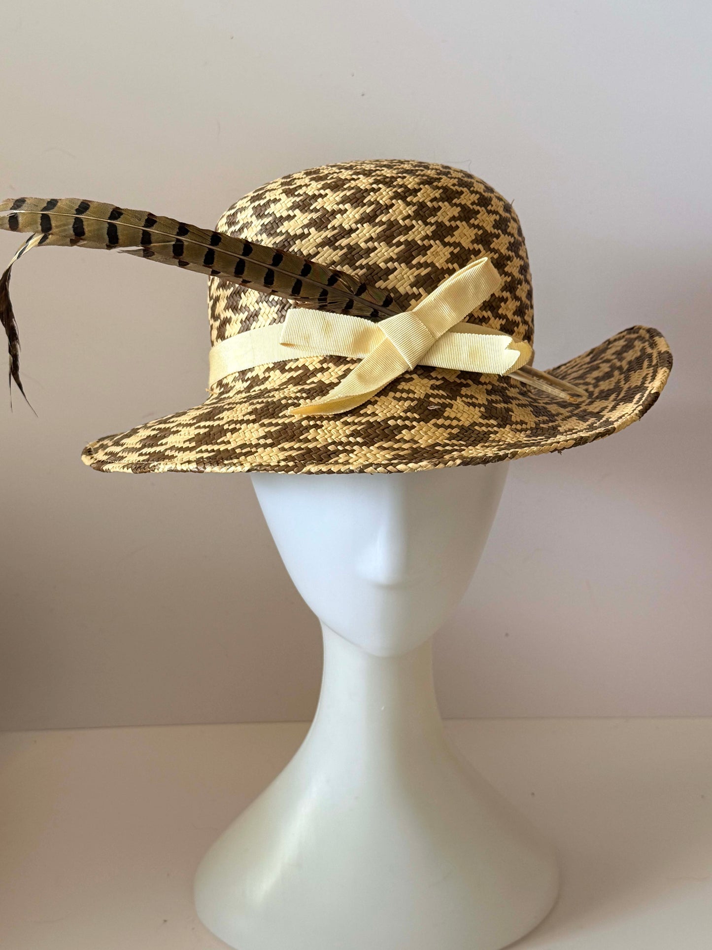 Vintage 1950s Frank Olive Straw Picture Hat | Two-Tone Woven Wide Brim Hat | Feather Trim Garden Party Derby Hat