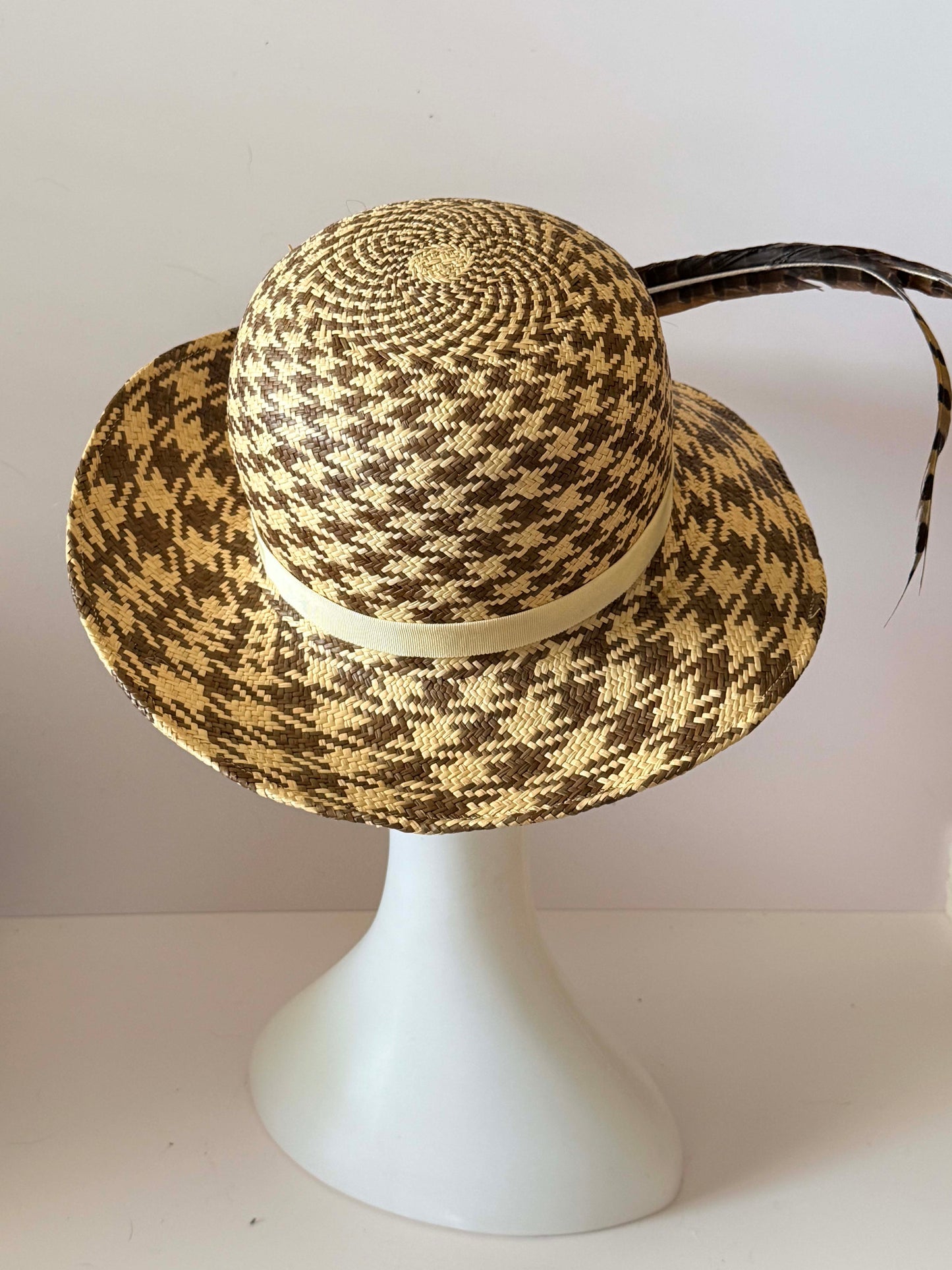 Vintage 1950s Frank Olive Straw Picture Hat | Two-Tone Woven Wide Brim Hat | Feather Trim Garden Party Derby Hat