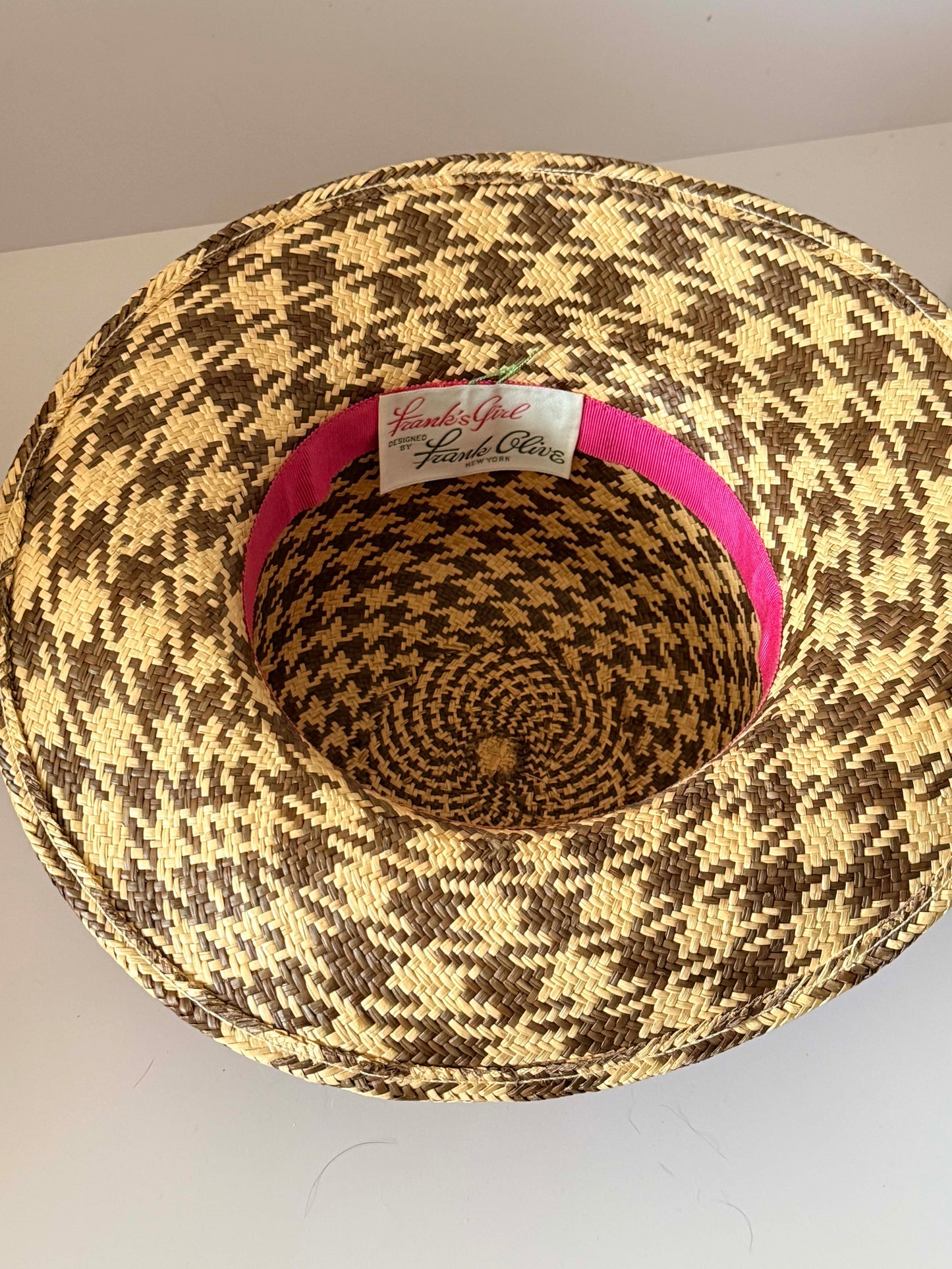 Vintage 1950s Frank Olive Straw Picture Hat | Two-Tone Woven Wide Brim Hat | Feather Trim Garden Party Derby Hat
