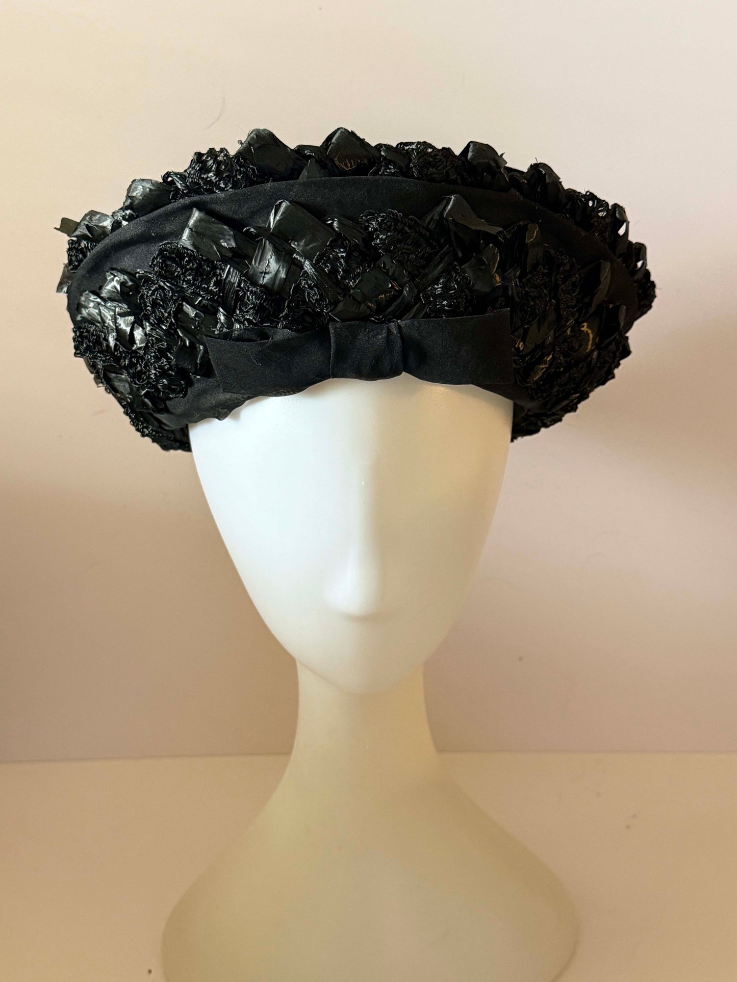 Vintage 1950s Navy Black Raffia Cocktail Hat by Pinehurst for G. Fox & Co. | Textured Woven Half Hat | Mid Century Millinery | Gothic Elegance Occasion Hat
