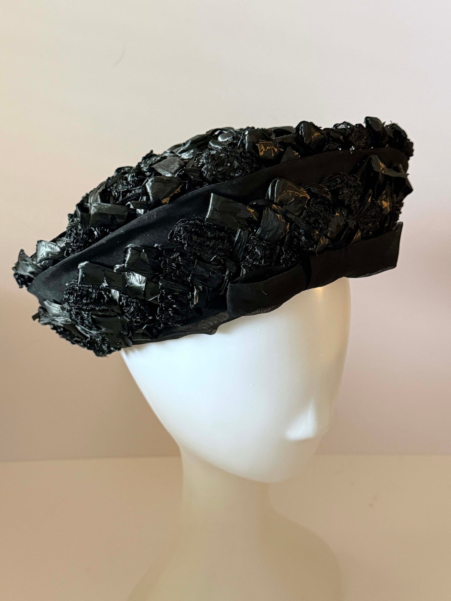 Vintage 1950s Navy Black Raffia Cocktail Hat by Pinehurst for G. Fox & Co. | Textured Woven Half Hat | Mid Century Millinery | Gothic Elegance Occasion Hat