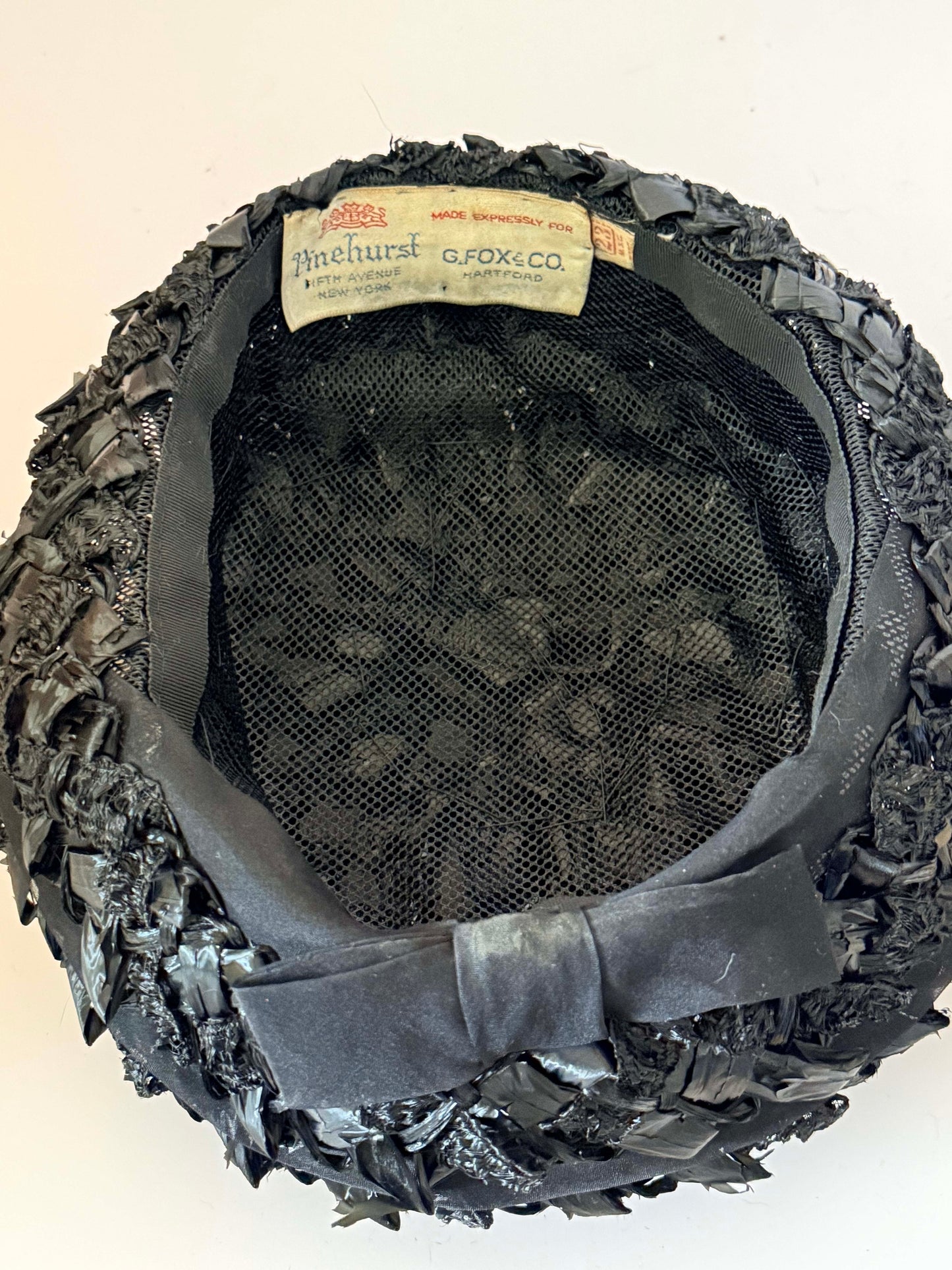 Vintage 1950s Navy Black Raffia Cocktail Hat by Pinehurst for G. Fox & Co. | Textured Woven Half Hat | Mid Century Millinery | Gothic Elegance Occasion Hat