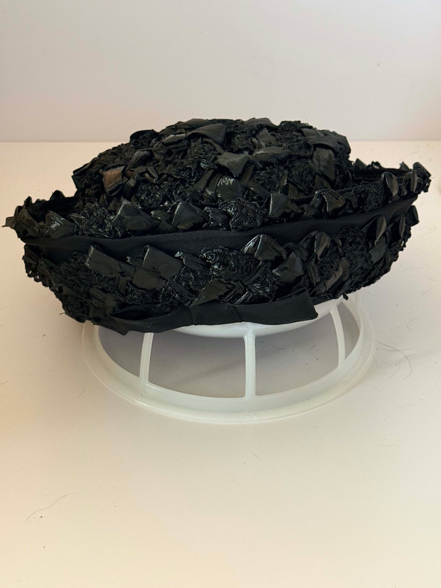Vintage 1950s Navy Black Raffia Cocktail Hat by Pinehurst for G. Fox & Co. | Textured Woven Half Hat | Mid Century Millinery | Gothic Elegance Occasion Hat