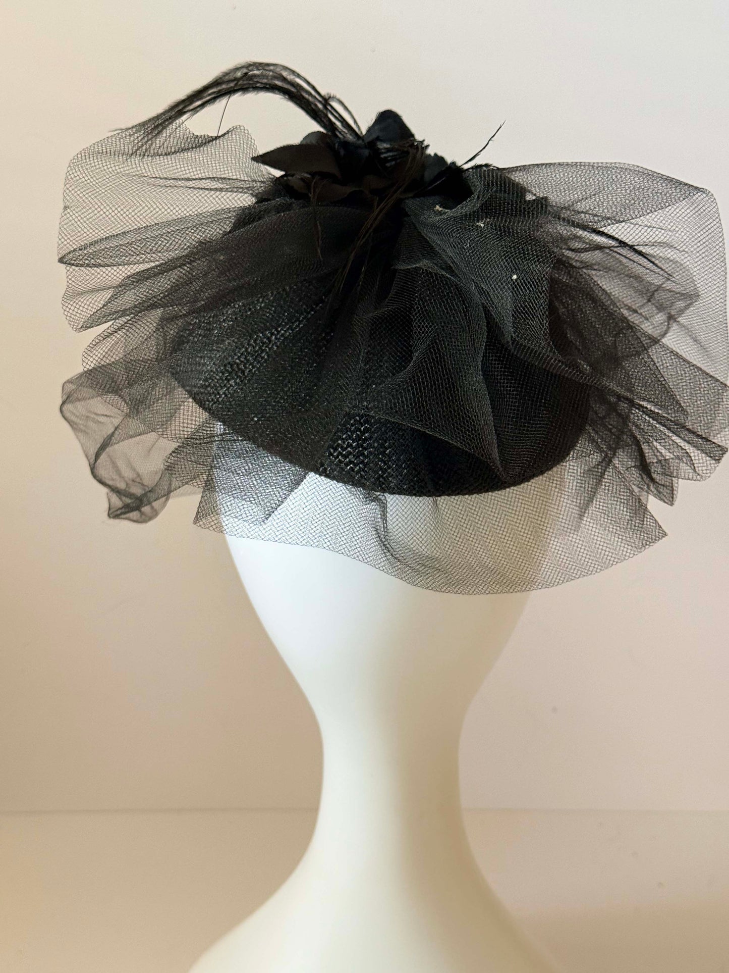 Vintage Black Veiled Cocktail Hat | Mid Century Straw Pillbox Fascinator | Floral Tulle Hat | Funeral Hat | Elegant Gothic Millinery