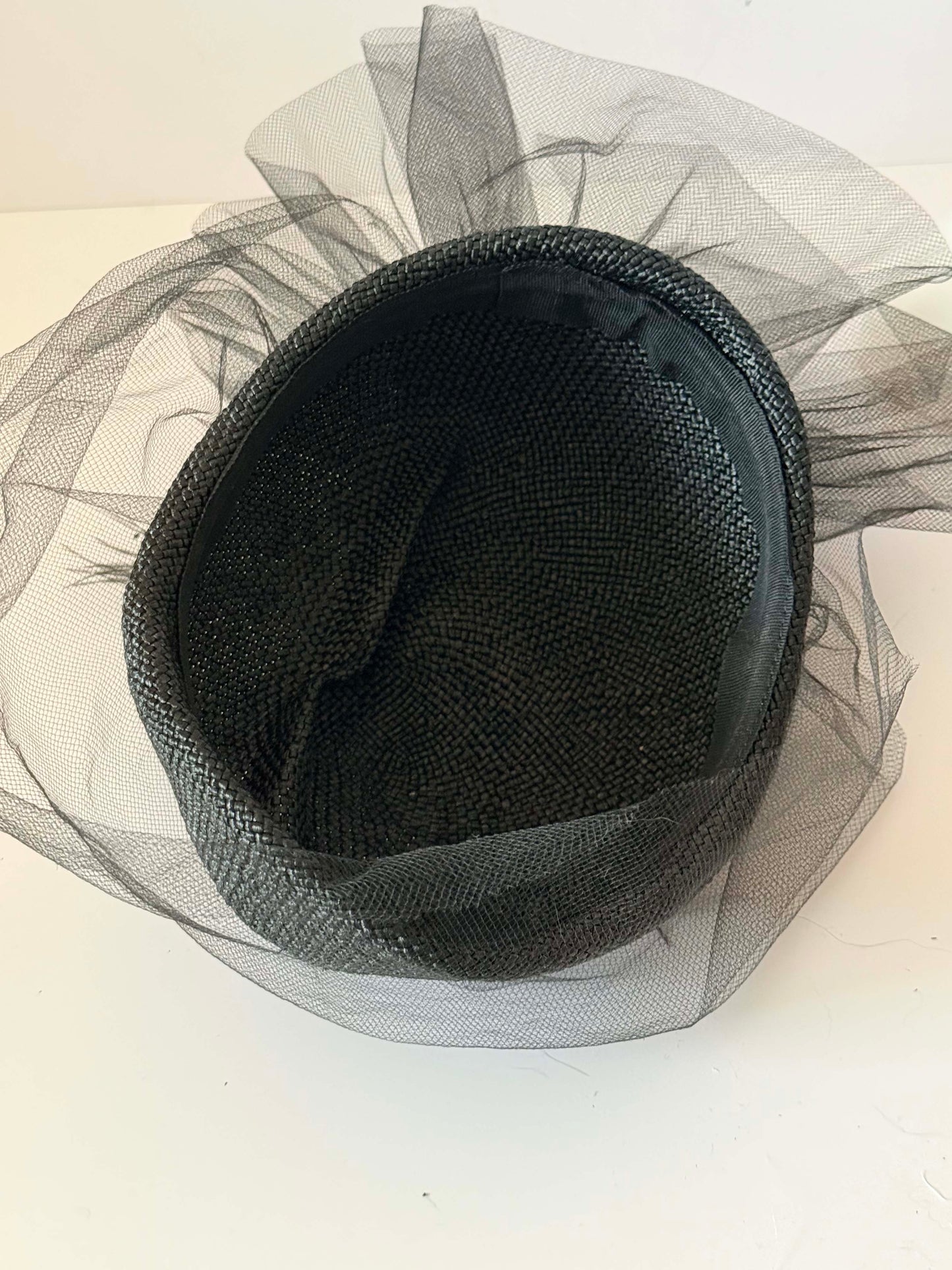 Vintage Black Veiled Cocktail Hat | Mid Century Straw Pillbox Fascinator | Floral Tulle Hat | Funeral Hat | Elegant Gothic Millinery