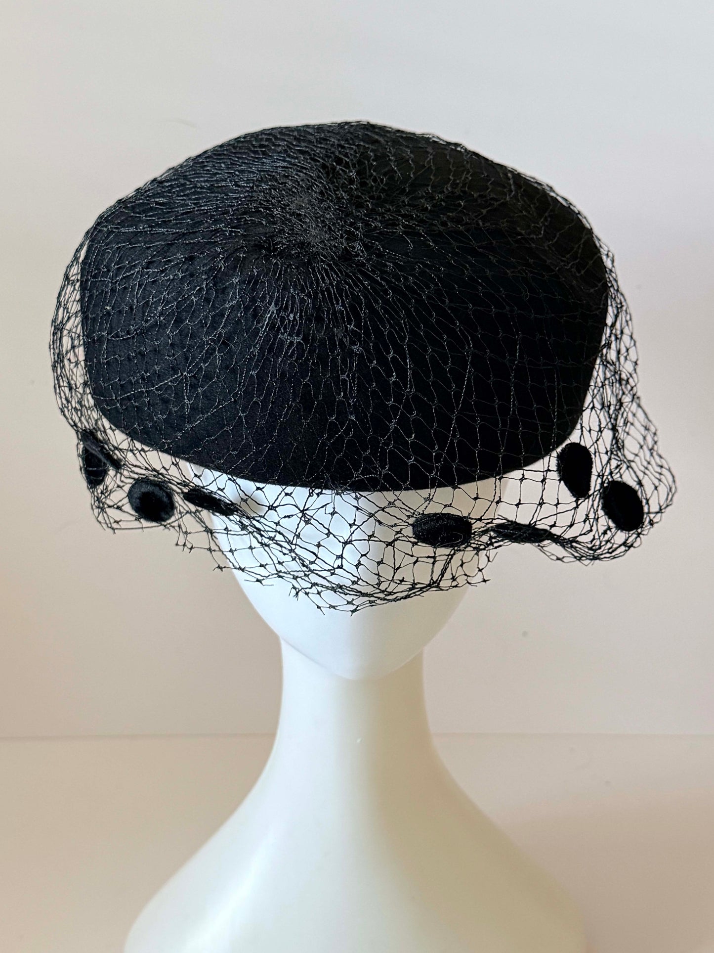 Vintage Glenover Black Veiled Pillbox Hat | 1950s Wool Felt Cocktail Hat | Pom Pom Veil Fascinator | Audrey Hepburn Style Millinery