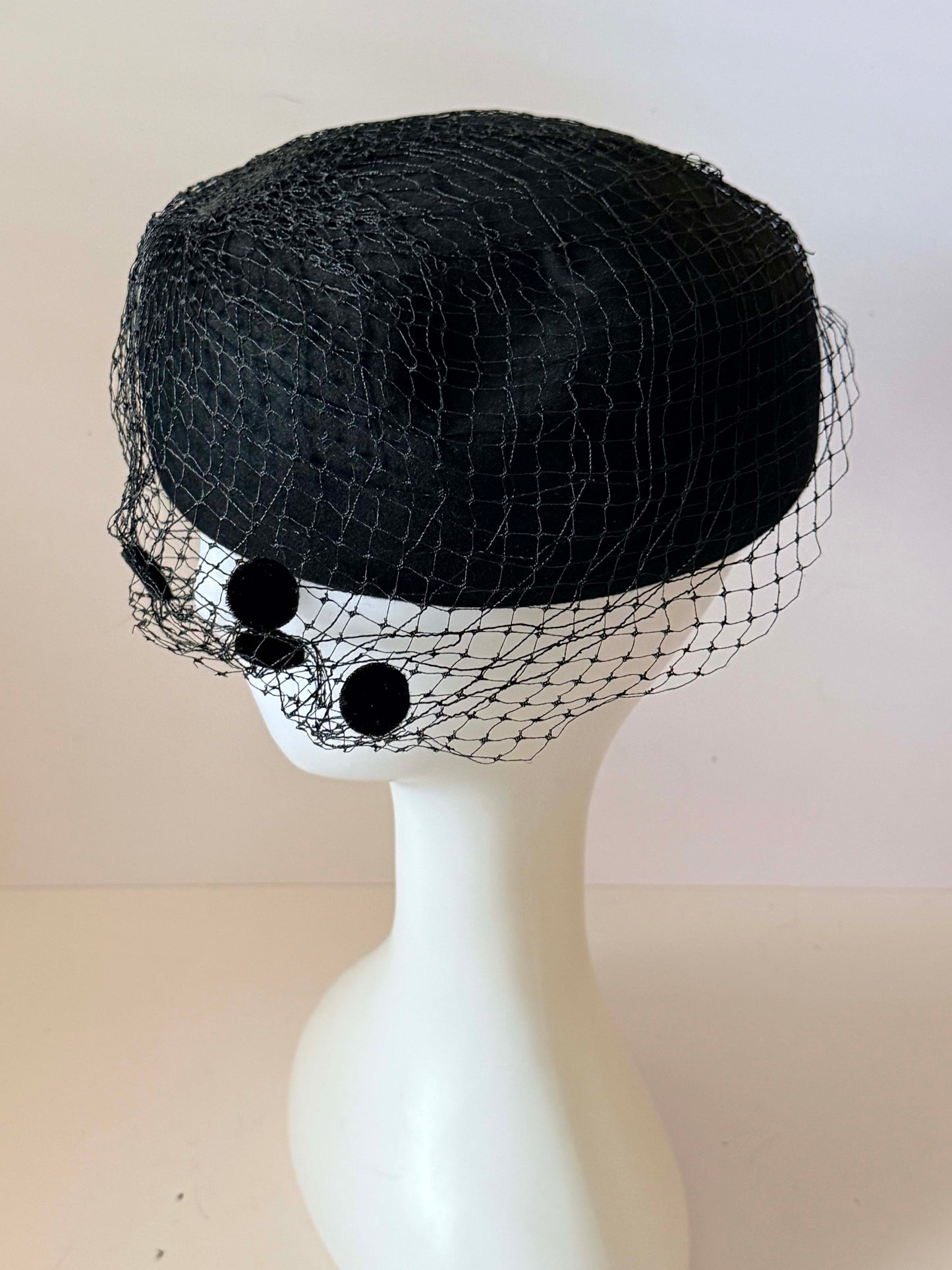 Vintage Glenover Black Veiled Pillbox Hat | 1950s Wool Felt Cocktail Hat | Pom Pom Veil Fascinator | Audrey Hepburn Style Millinery