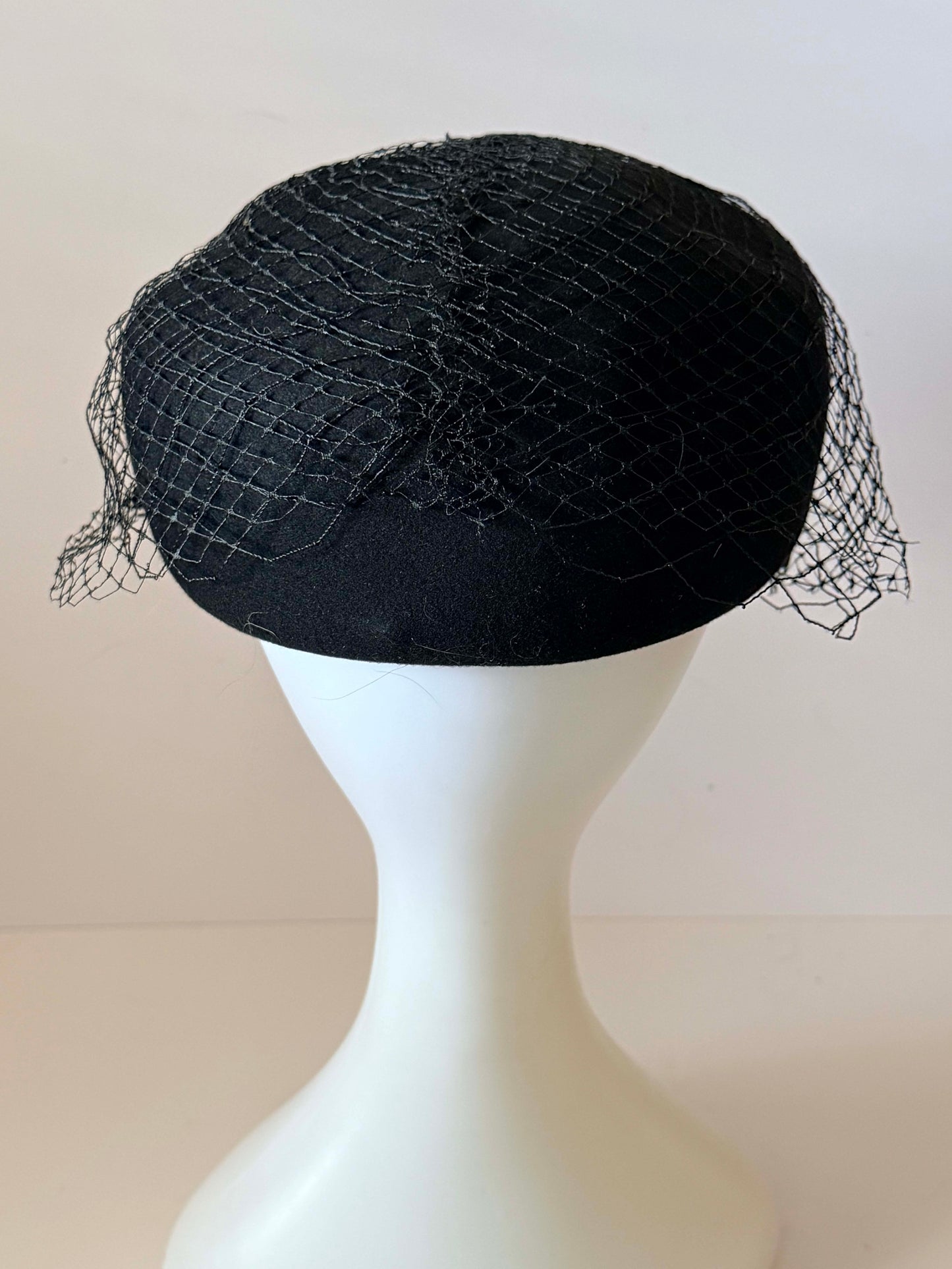 Vintage Glenover Black Veiled Pillbox Hat | 1950s Wool Felt Cocktail Hat | Pom Pom Veil Fascinator | Audrey Hepburn Style Millinery