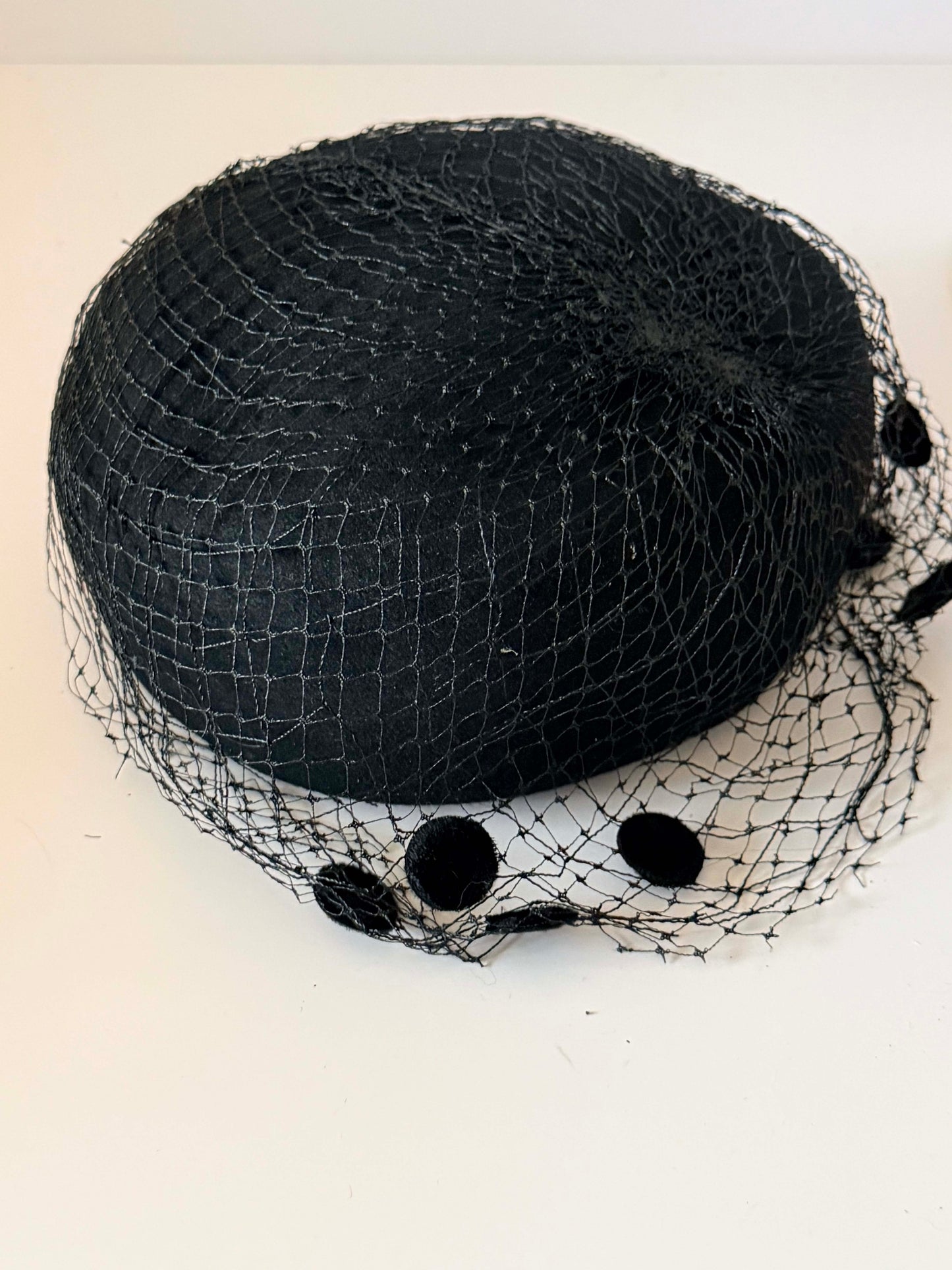 Vintage Glenover Black Veiled Pillbox Hat | 1950s Wool Felt Cocktail Hat | Pom Pom Veil Fascinator | Audrey Hepburn Style Millinery