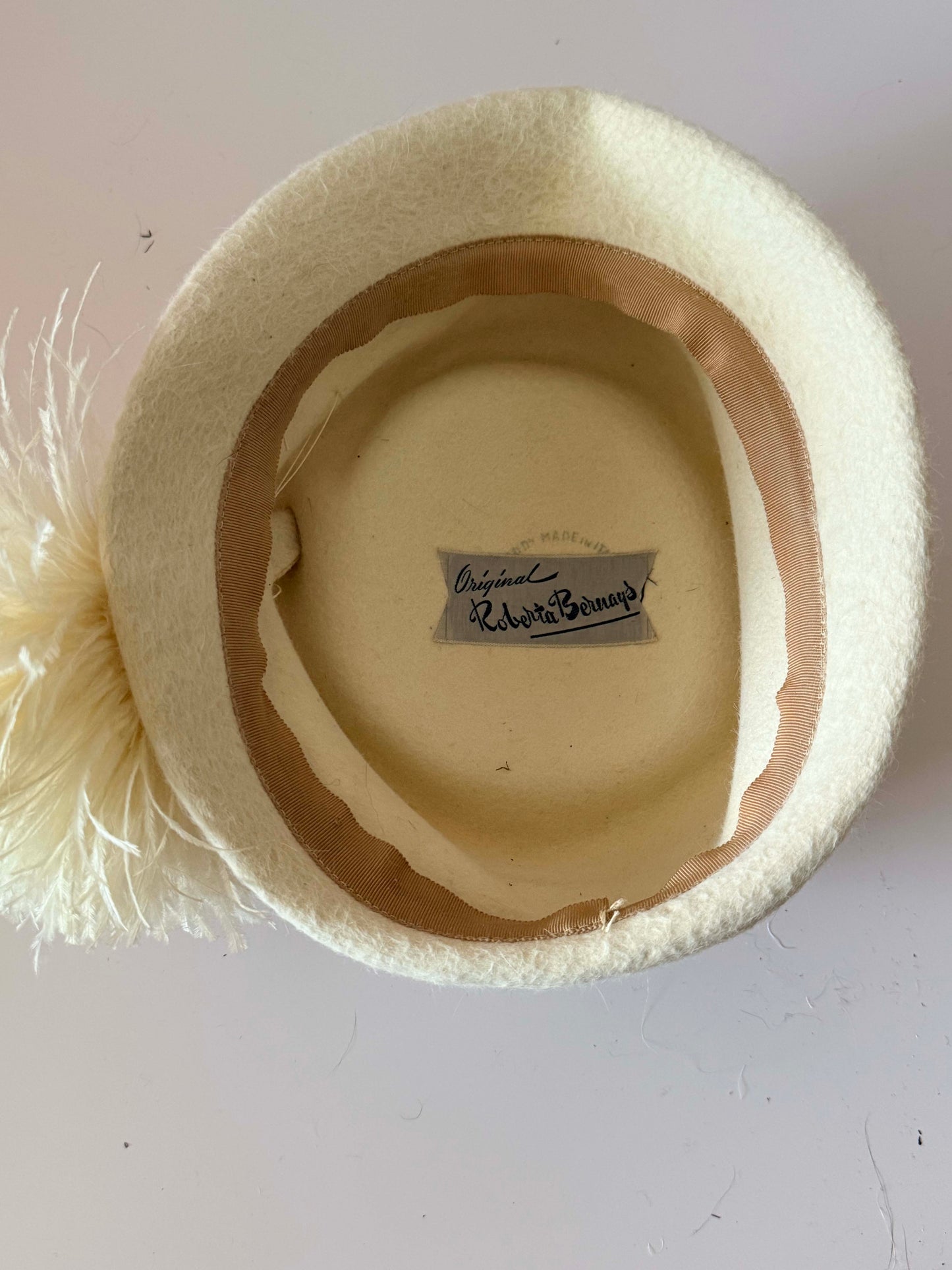 Vintage Roberta Bernays Ivory Angora Hat, 1960s Feather Cocktail Hat, Winter White Designer Hat, Bridal Hat, Church Hat, Derby Hat