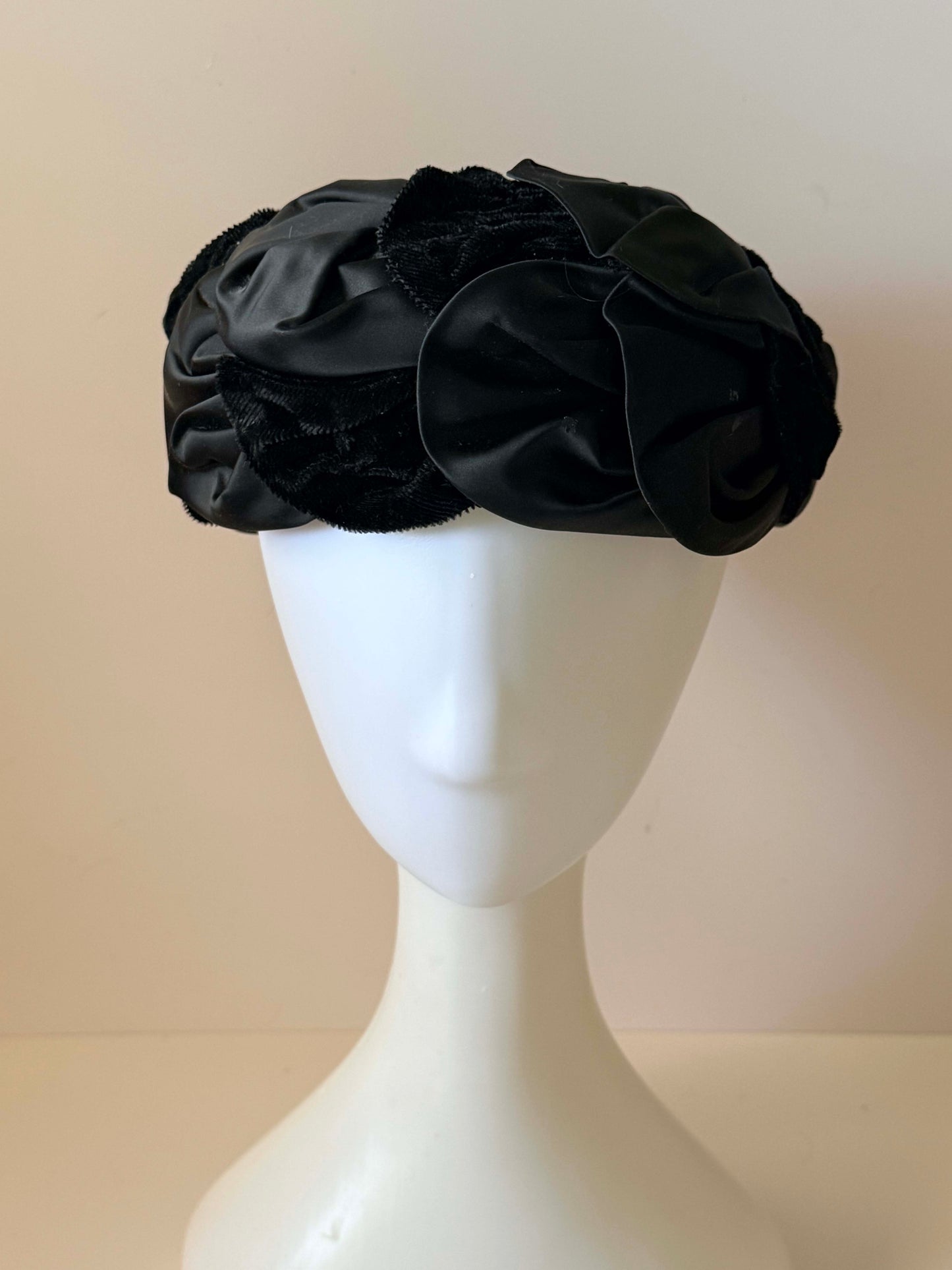 Vintage Black Satin &amp; Velvet Floral Cocktail Hat | 1950s Evening Hat | Sculptural Rosette Hat | Elegant Vintage Millinery | Old Hollywood Style