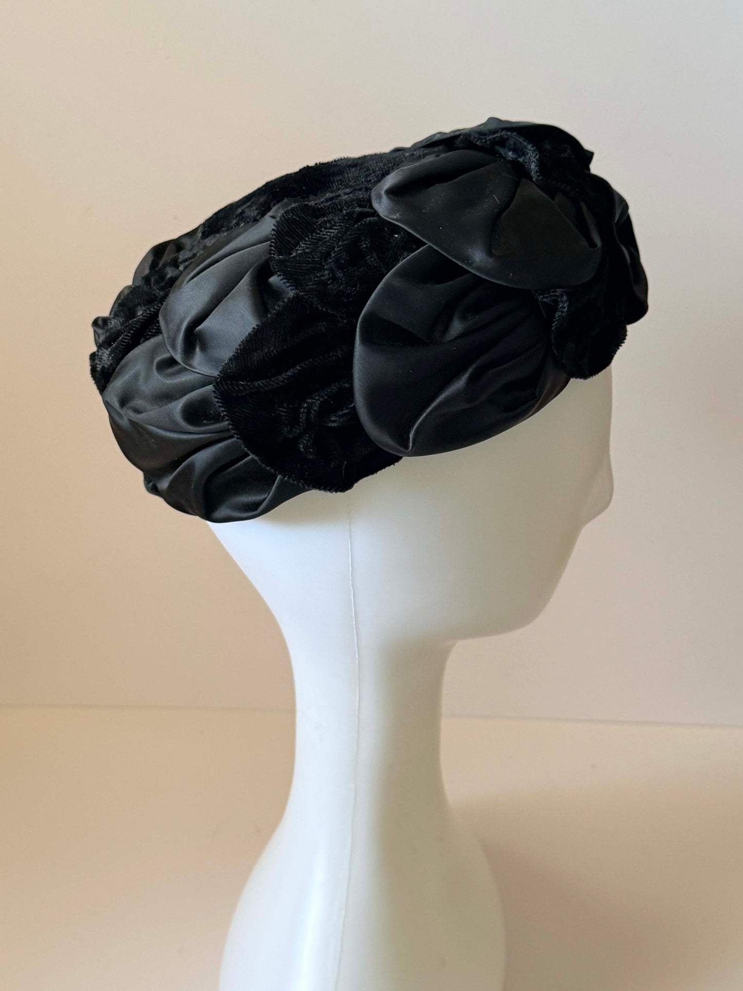 Vintage Black Satin &amp; Velvet Floral Cocktail Hat | 1950s Evening Hat | Sculptural Rosette Hat | Elegant Vintage Millinery | Old Hollywood Style