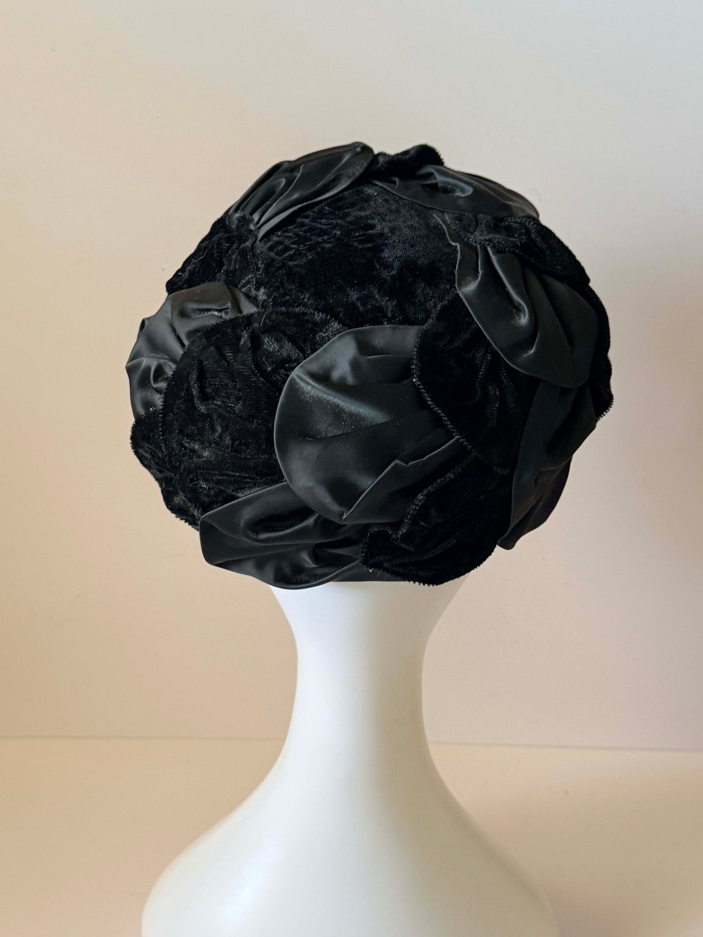 Vintage Black Satin &amp; Velvet Floral Cocktail Hat | 1950s Evening Hat | Sculptural Rosette Hat | Elegant Vintage Millinery | Old Hollywood Style