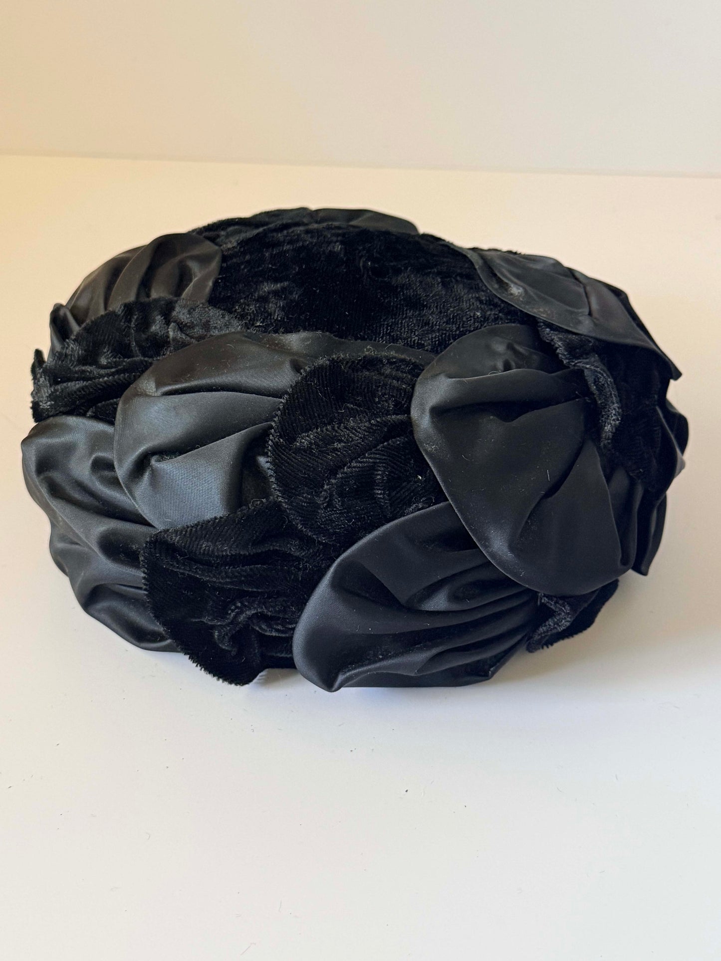 Vintage Black Satin &amp; Velvet Floral Cocktail Hat | 1950s Evening Hat | Sculptural Rosette Hat | Elegant Vintage Millinery | Old Hollywood Style