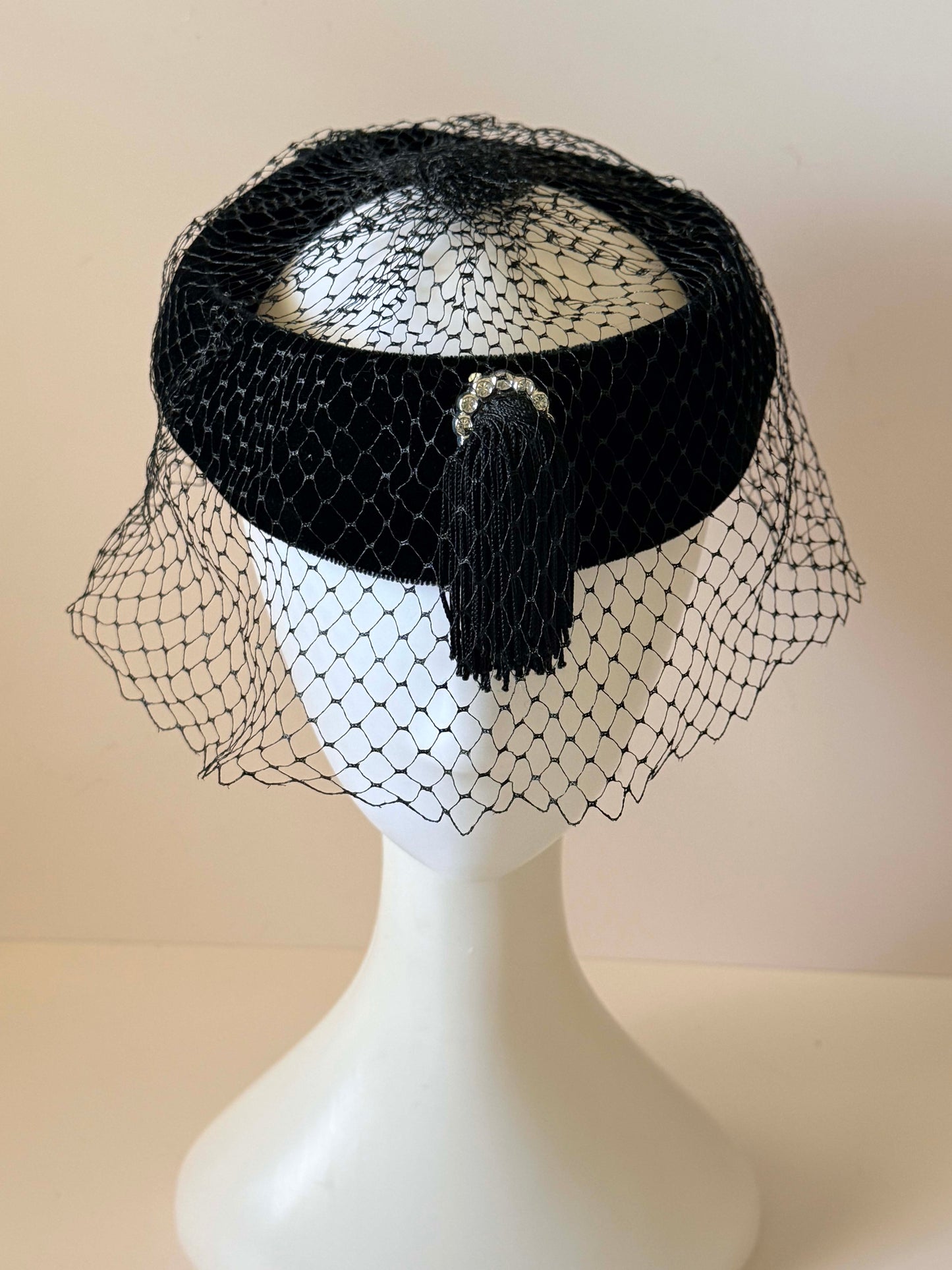 Vintage Black Velvet Halo Hat | Veiled Cocktail Hat | Rhinestone Tassel Fascinator | 1950s Mourning Hat | Vintage Millinery