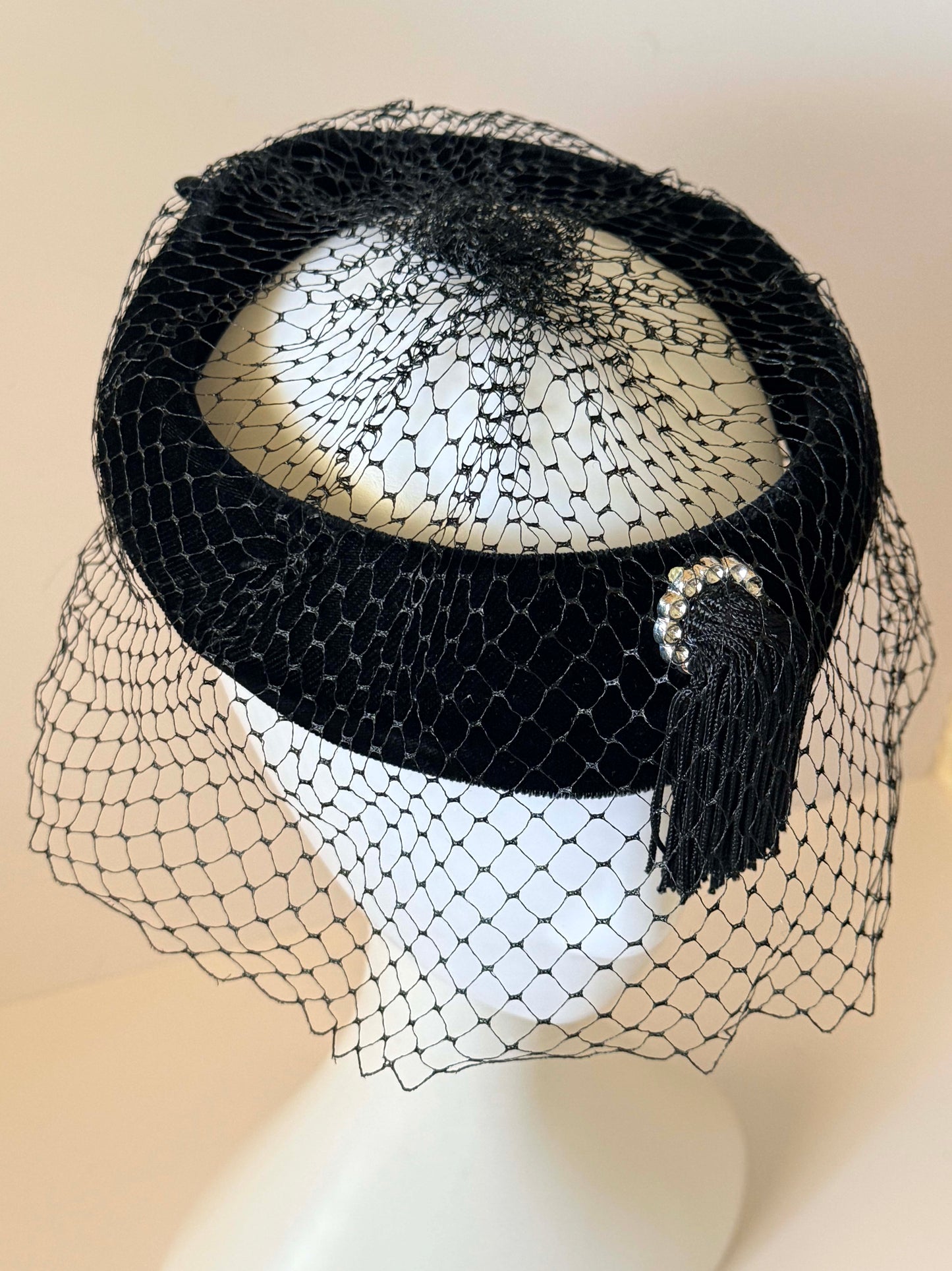 Vintage Black Velvet Halo Hat | Veiled Cocktail Hat | Rhinestone Tassel Fascinator | 1950s Mourning Hat | Vintage Millinery