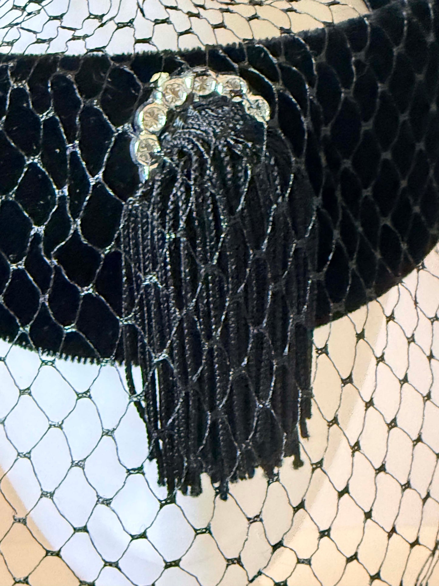 Vintage Black Velvet Halo Hat | Veiled Cocktail Hat | Rhinestone Tassel Fascinator | 1950s Mourning Hat | Vintage Millinery