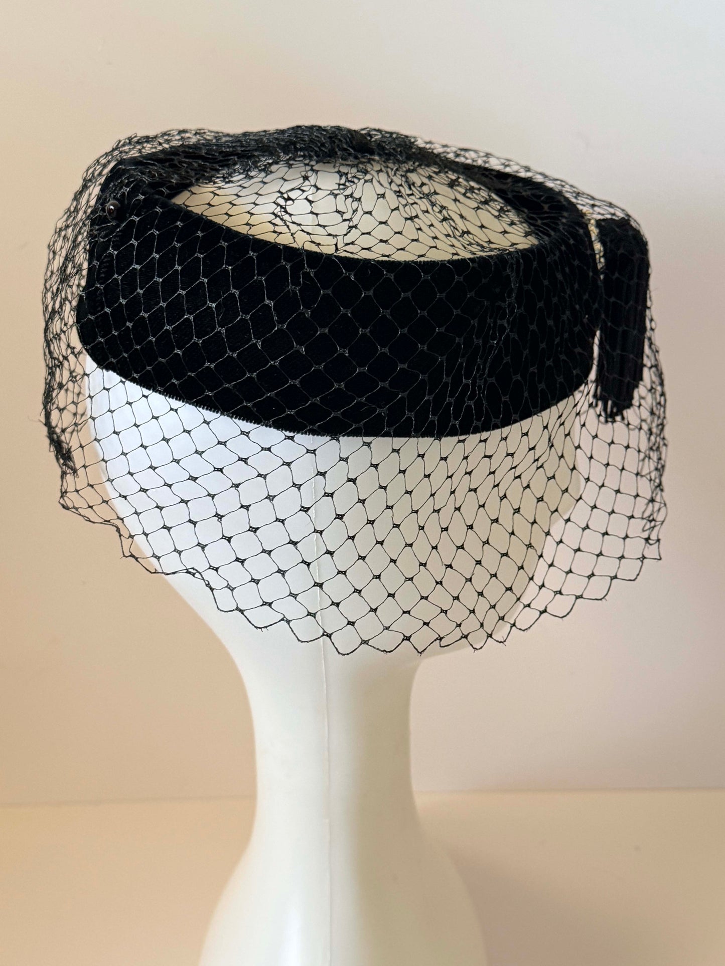 Vintage Black Velvet Halo Hat | Veiled Cocktail Hat | Rhinestone Tassel Fascinator | 1950s Mourning Hat | Vintage Millinery