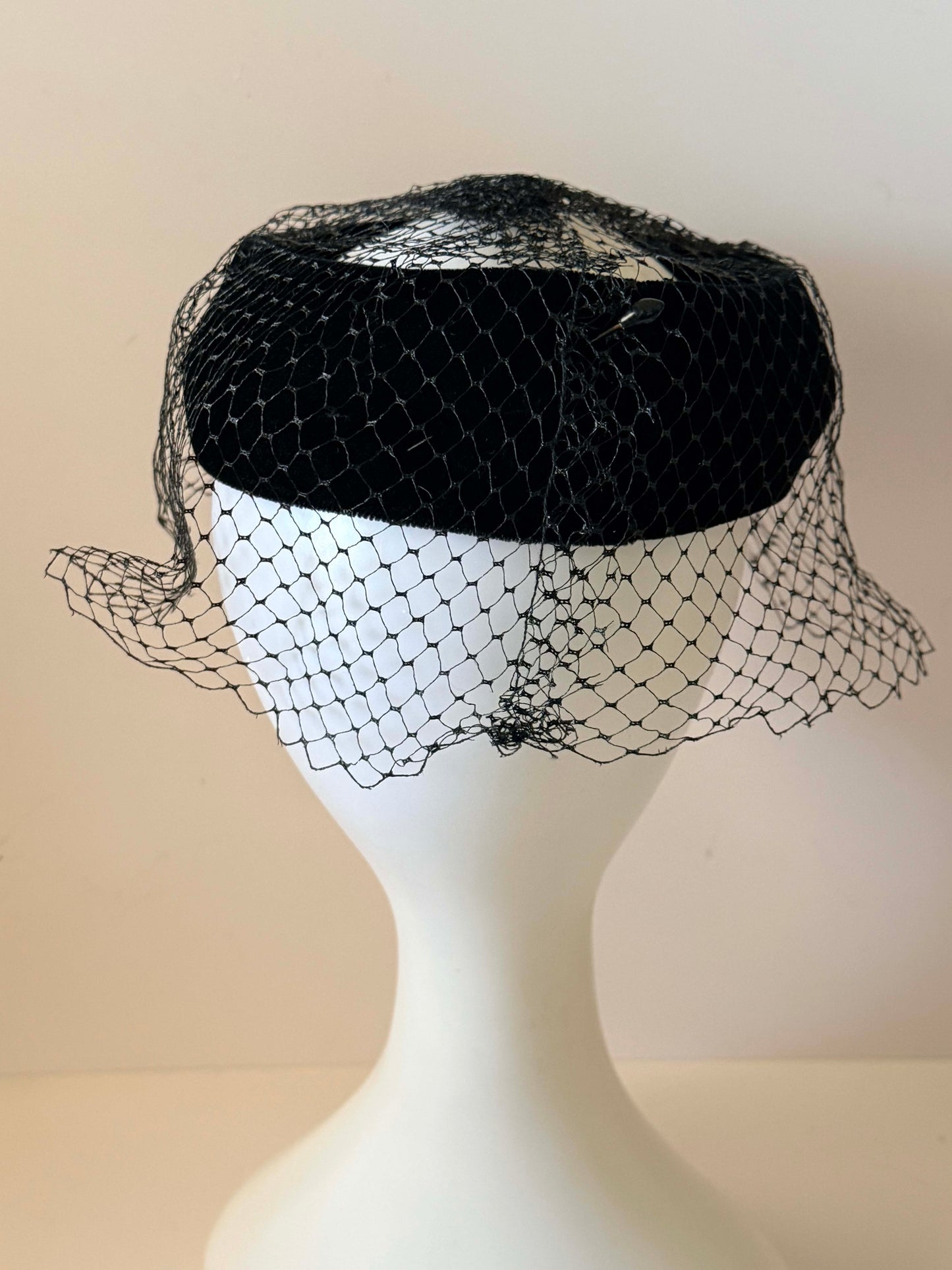Vintage Black Velvet Halo Hat | Veiled Cocktail Hat | Rhinestone Tassel Fascinator | 1950s Mourning Hat | Vintage Millinery