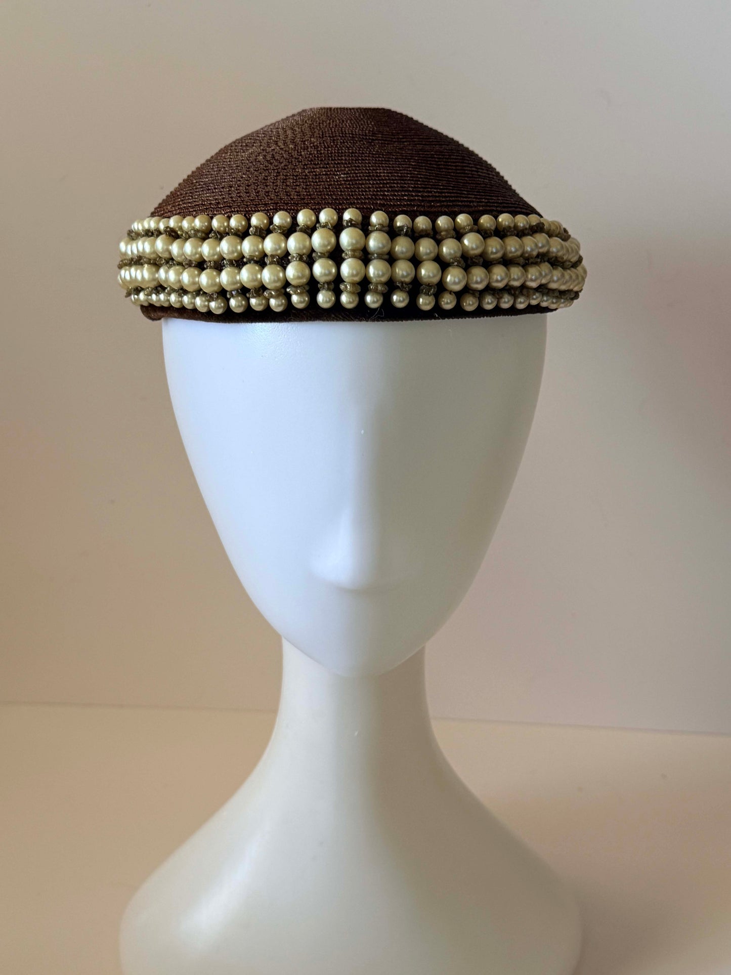 Vintage Brown Pearl Pillbox Hat | 1960s Beaded Halo Hat | Faux Pearl Trim Cocktail Hat | Jackie Kennedy Style Millinery | Elegant Occasion Hat