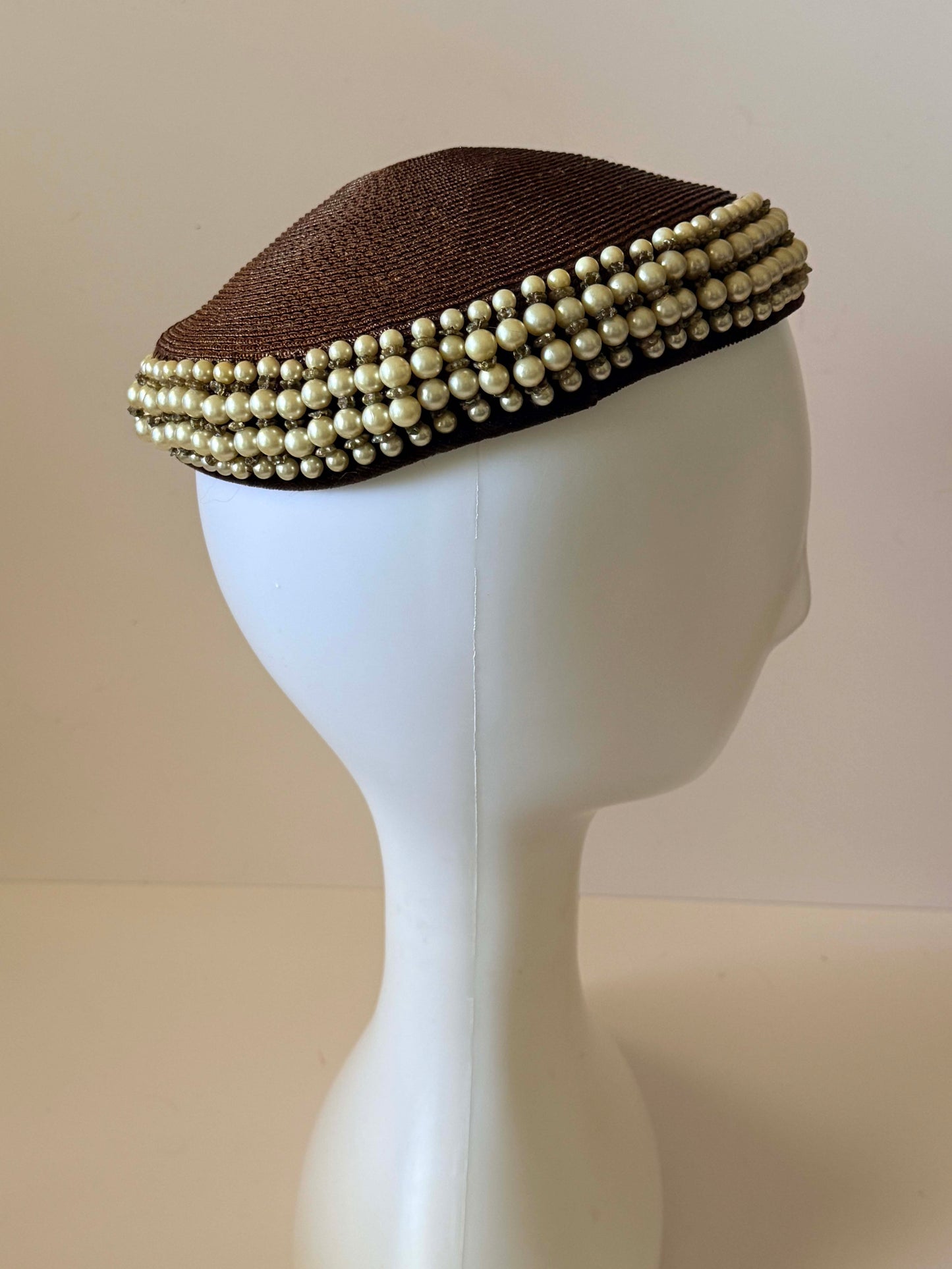 Vintage Brown Pearl Pillbox Hat | 1960s Beaded Halo Hat | Faux Pearl Trim Cocktail Hat | Jackie Kennedy Style Millinery | Elegant Occasion Hat