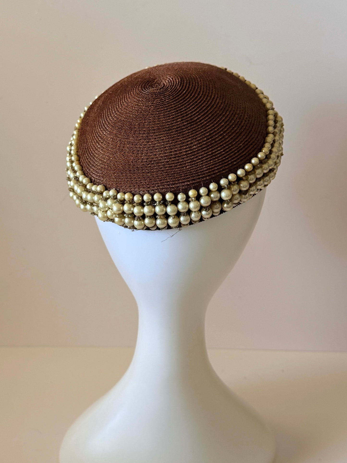 Vintage Brown Pearl Pillbox Hat | 1960s Beaded Halo Hat | Faux Pearl Trim Cocktail Hat | Jackie Kennedy Style Millinery | Elegant Occasion Hat