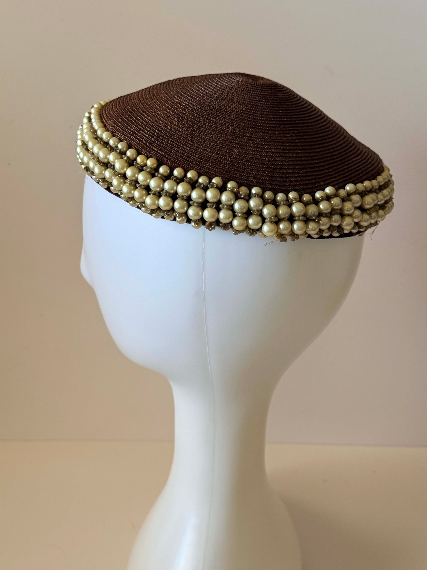 Vintage Brown Pearl Pillbox Hat | 1960s Beaded Halo Hat | Faux Pearl Trim Cocktail Hat | Jackie Kennedy Style Millinery | Elegant Occasion Hat
