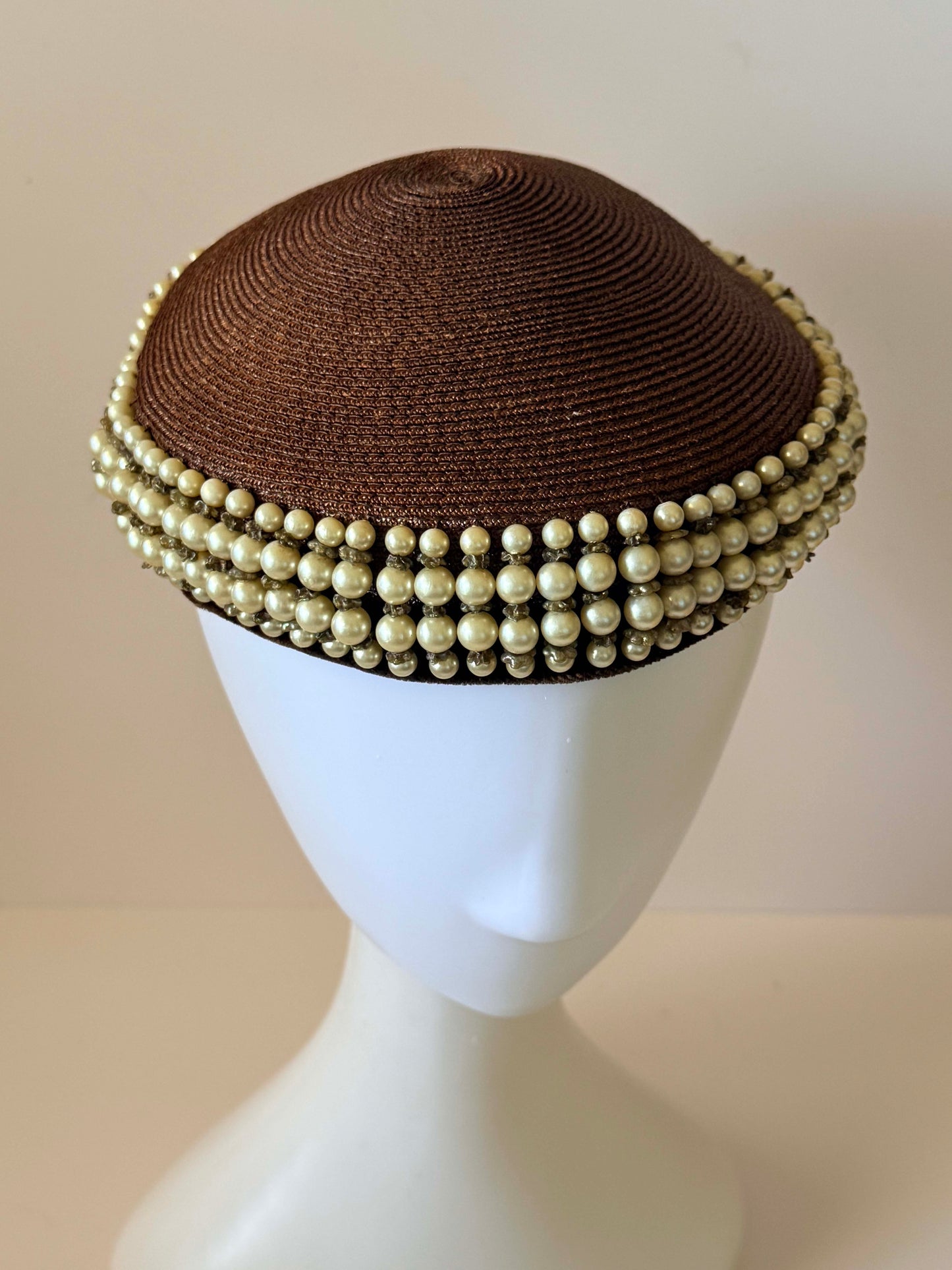 Vintage Brown Pearl Pillbox Hat | 1960s Beaded Halo Hat | Faux Pearl Trim Cocktail Hat | Jackie Kennedy Style Millinery | Elegant Occasion Hat