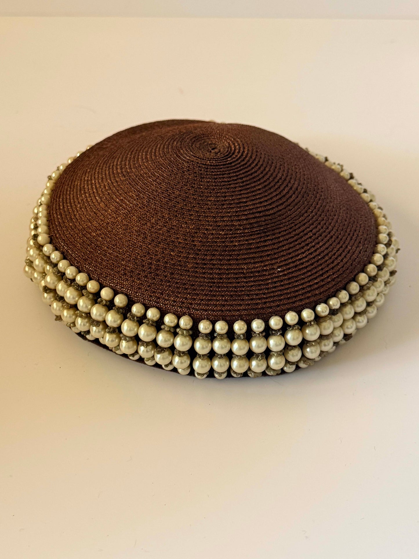 Vintage Brown Pearl Pillbox Hat | 1960s Beaded Halo Hat | Faux Pearl Trim Cocktail Hat | Jackie Kennedy Style Millinery | Elegant Occasion Hat