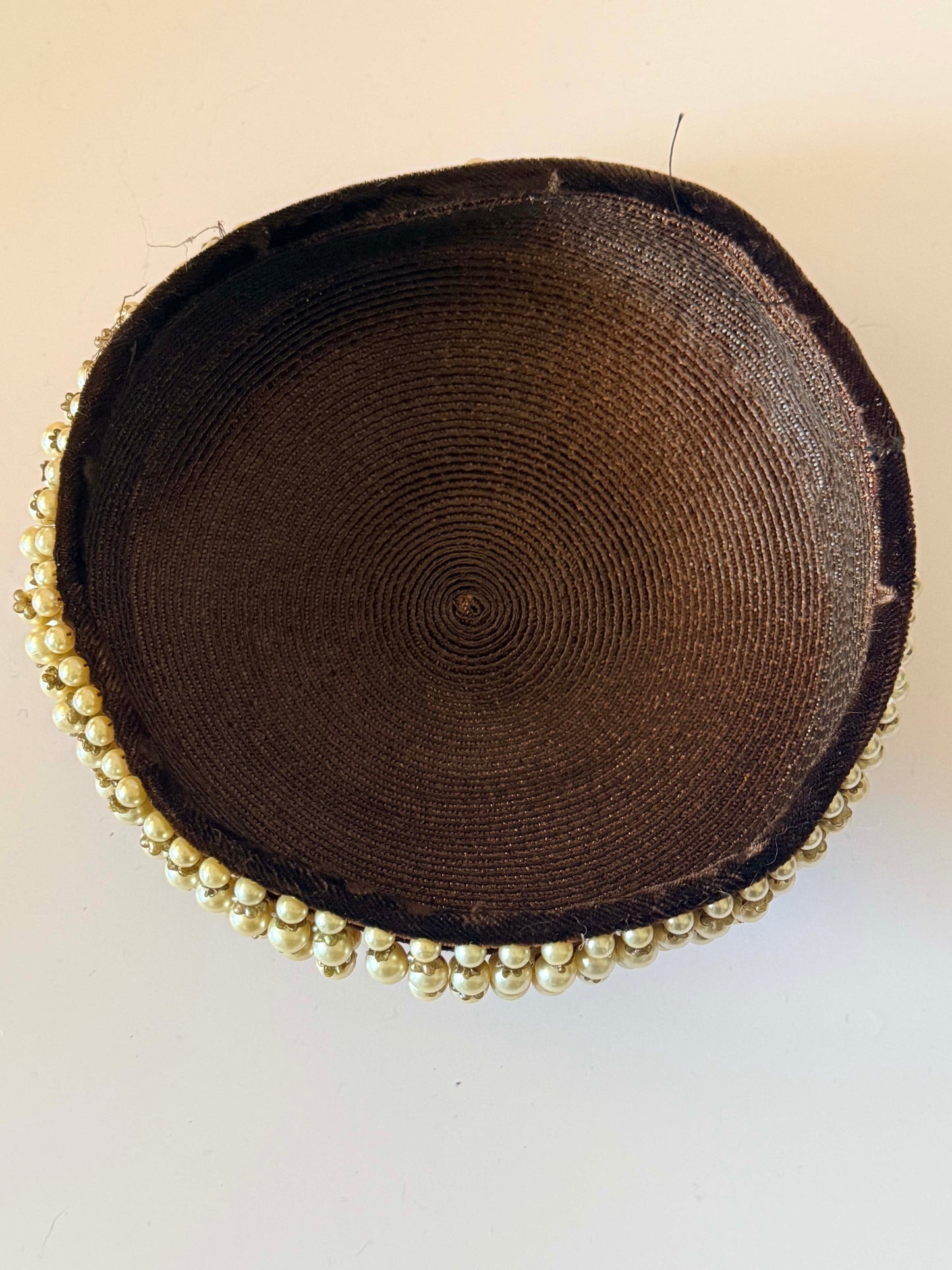 Vintage Brown Pearl Pillbox Hat | 1960s Beaded Halo Hat | Faux Pearl Trim Cocktail Hat | Jackie Kennedy Style Millinery | Elegant Occasion Hat