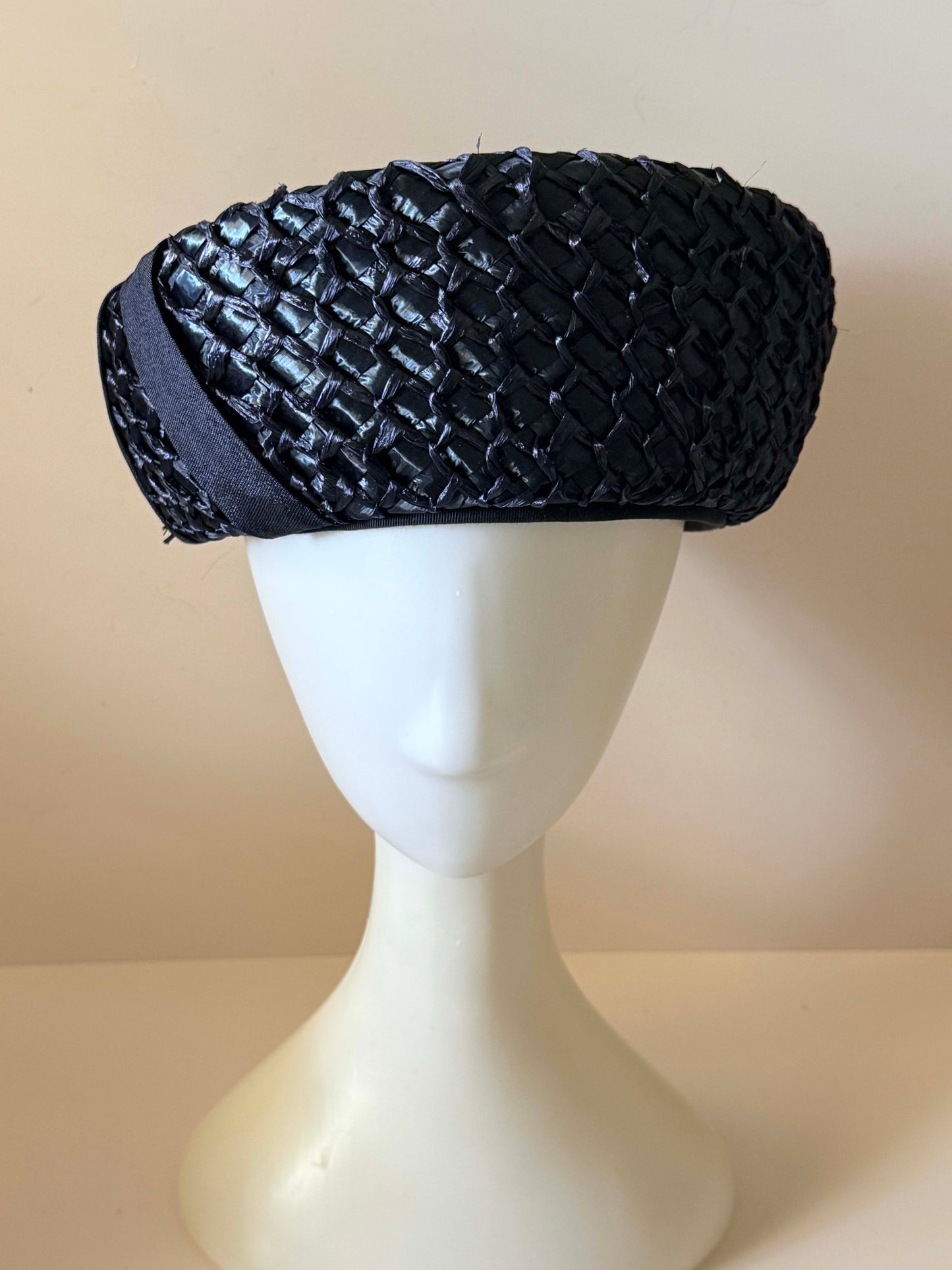 Vintage Mr. Berné Blue Black Raffia Pillbox Hat, 1960s Straw Cocktail Hat, Mid Century Structured Hat, Designer Millinery, Classic Black Fascinator