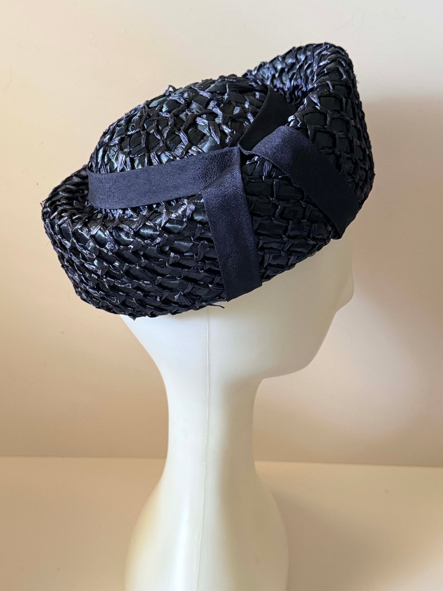 Vintage Mr. Berné Blue Black Raffia Pillbox Hat, 1960s Straw Cocktail Hat, Mid Century Structured Hat, Designer Millinery, Classic Black Fascinator