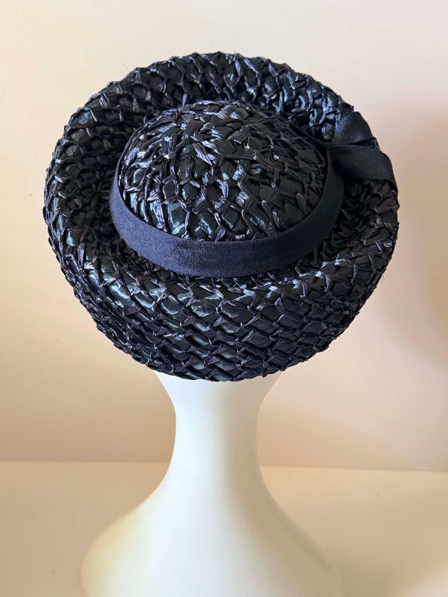 Vintage Mr. Berné Blue Black Raffia Pillbox Hat, 1960s Straw Cocktail Hat, Mid Century Structured Hat, Designer Millinery, Classic Black Fascinator