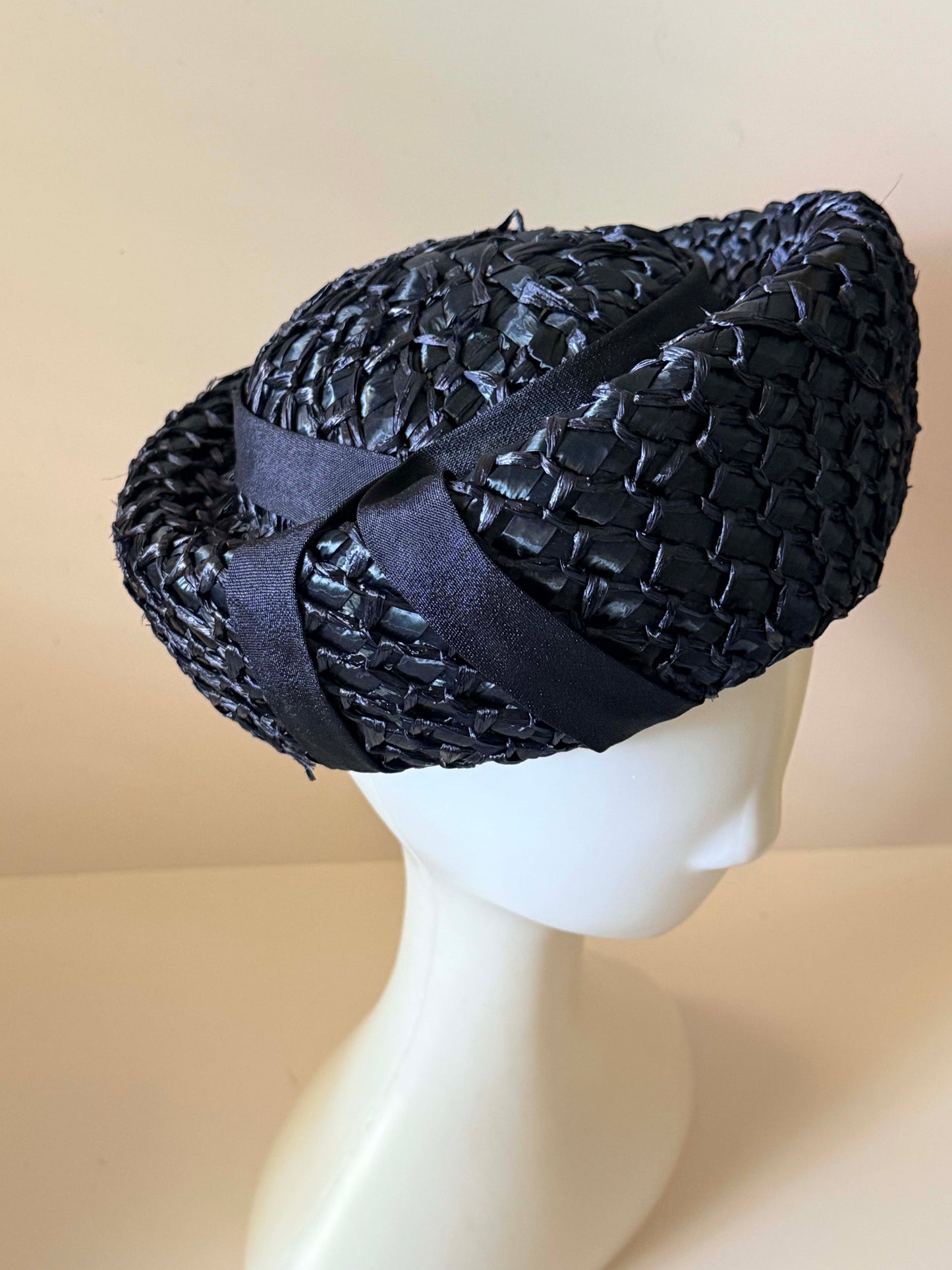Vintage Mr. Berné Blue Black Raffia Pillbox Hat, 1960s Straw Cocktail Hat, Mid Century Structured Hat, Designer Millinery, Classic Black Fascinator