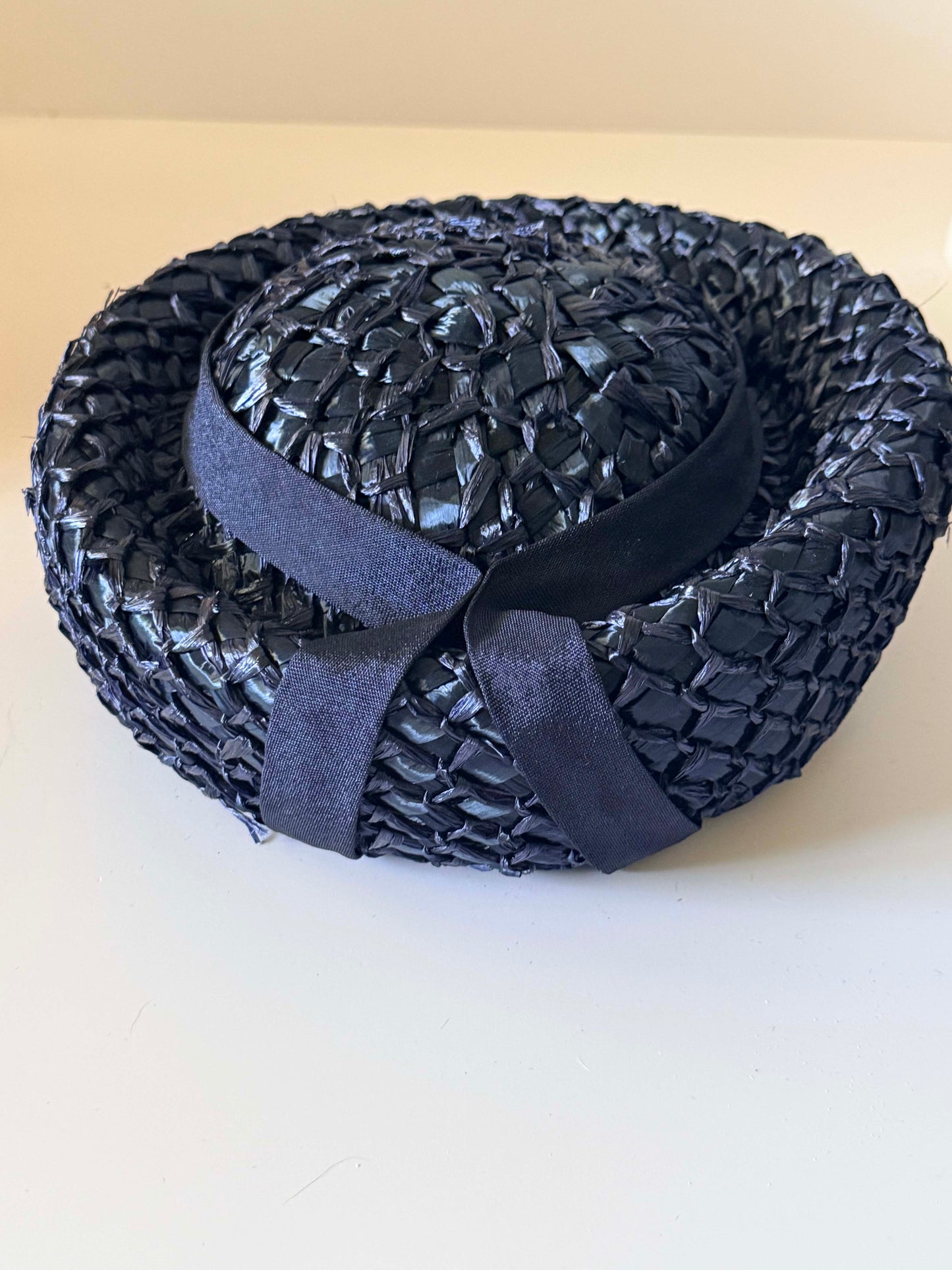 Vintage Mr. Berné Blue Black Raffia Pillbox Hat, 1960s Straw Cocktail Hat, Mid Century Structured Hat, Designer Millinery, Classic Black Fascinator